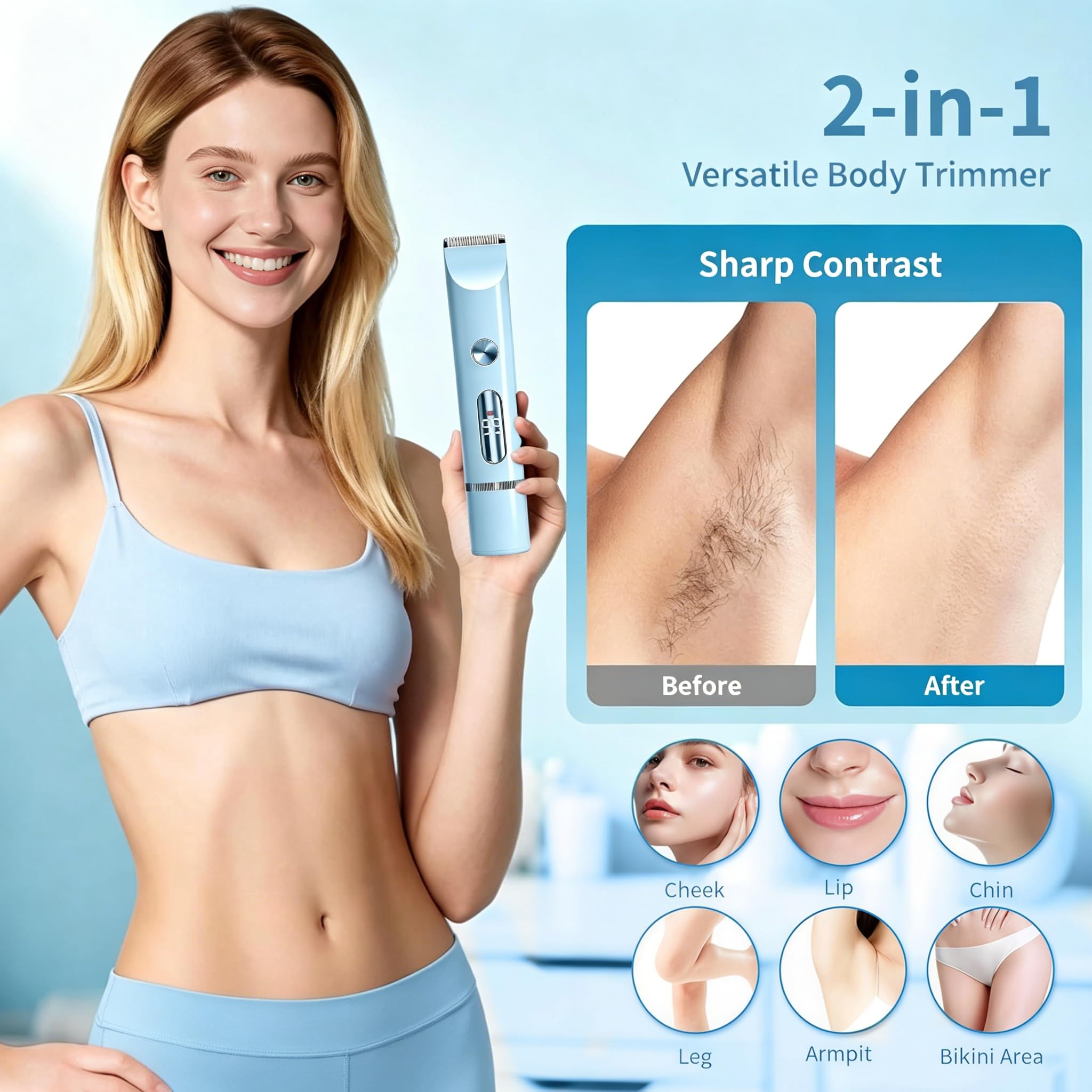 Rasoio Elettrico da Donna 2 in 1, IPX7 impermeabile per uso bagnato e asciutto, Depilatore Corpo Donna, Bikini Trimmer Senza Fili per Gambe Braccia Ascelle e Zona Bikini, Viso e Corpo (Blu)