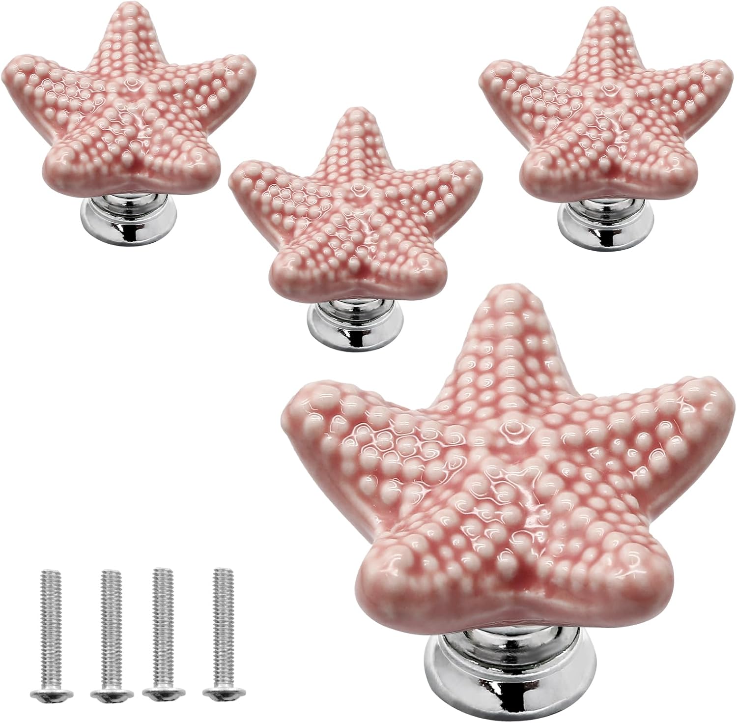 Luomorgo 4 Pack Ceramic Starfish Drawer Knobs - Coastal Pink Cabinet Handles for Kitchen, Dresser & Wardrobe Cupboard Drawer, Beach Theme Pulls with Screws