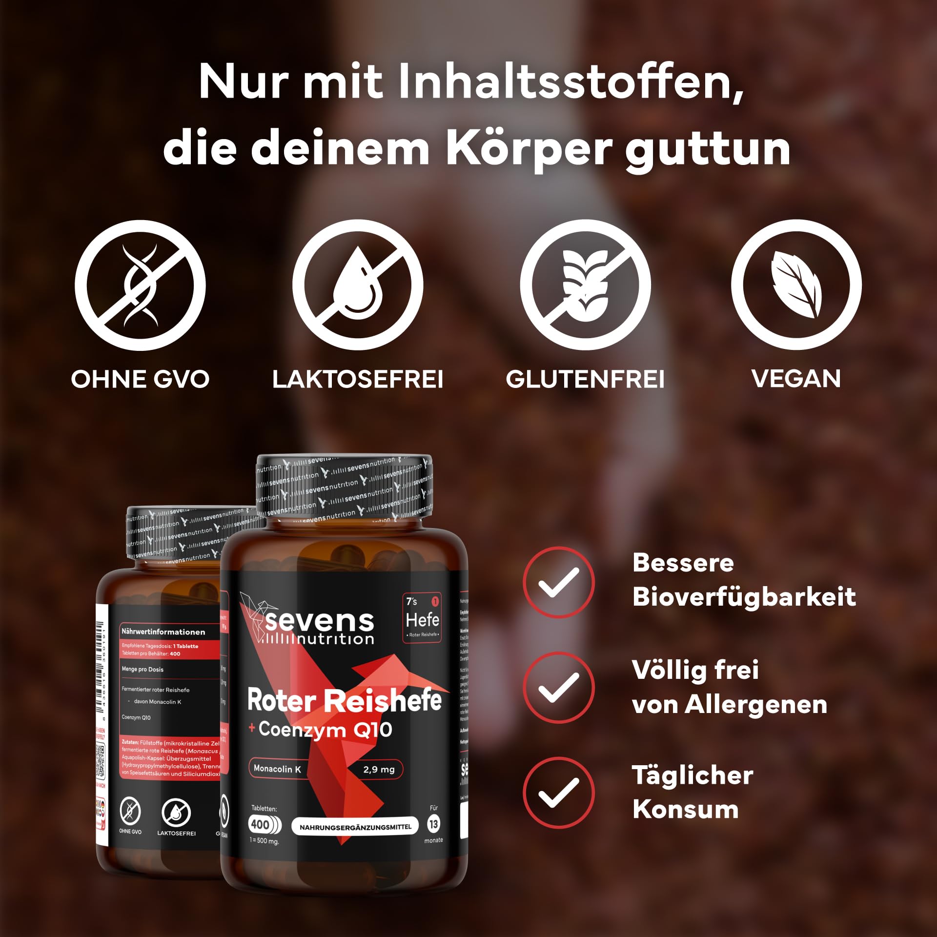 Roter Reis Hochdosiert - 400 Premium-Tabletten - Mit Coenzym Q10 - Monascus purpureus - Fermentierter Roter Reis - 100% Natürlich, Gluten- und Laktosefrei