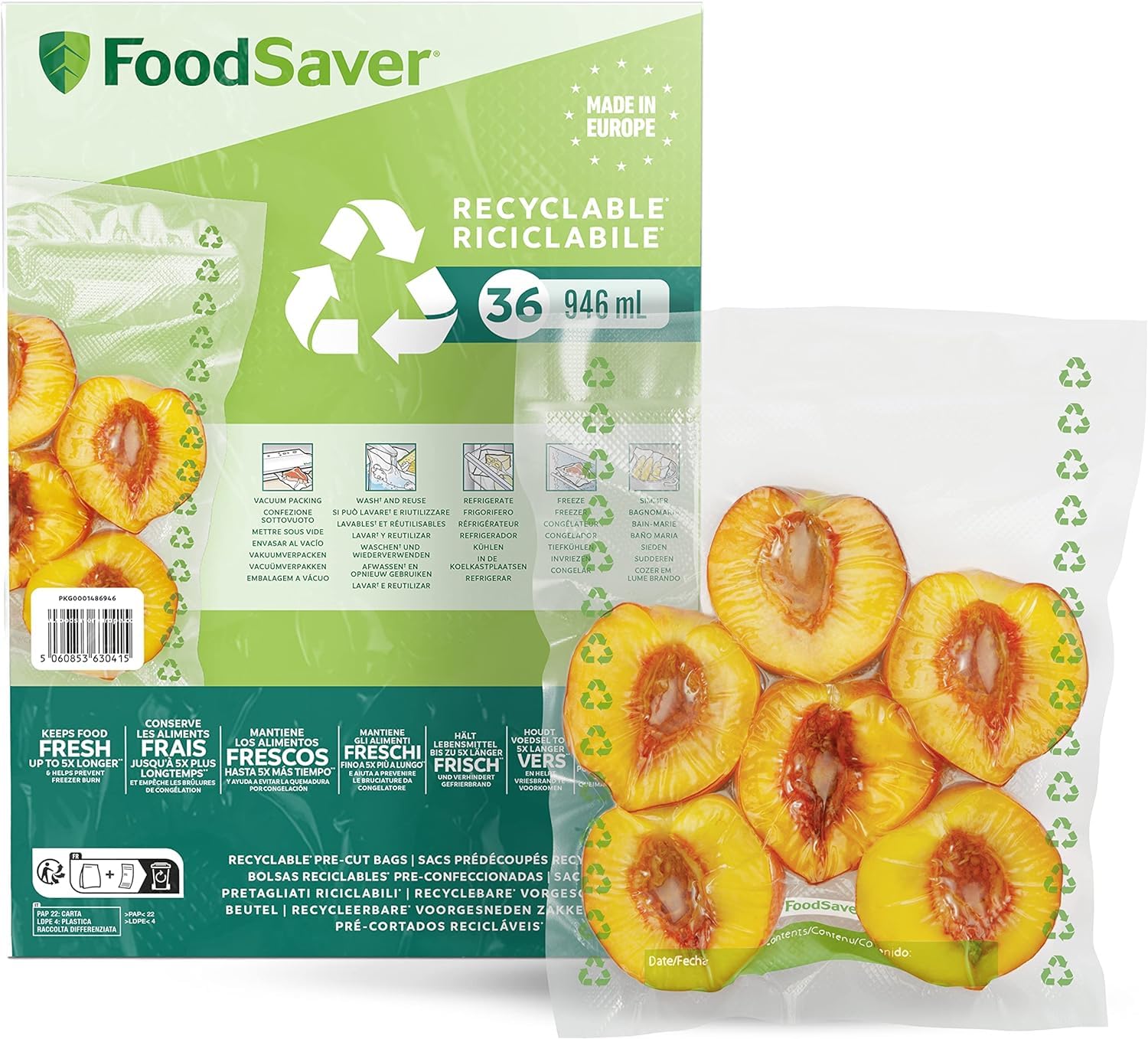 FoodSaver Máquina de Vacío FFS005X con Compartimiento de Almacenamiento de Rodillos y Cortadores + Foodsaver Bolsas de Envasado al Vacío Reutilizables, 5 Rollos, 36 Bolsas