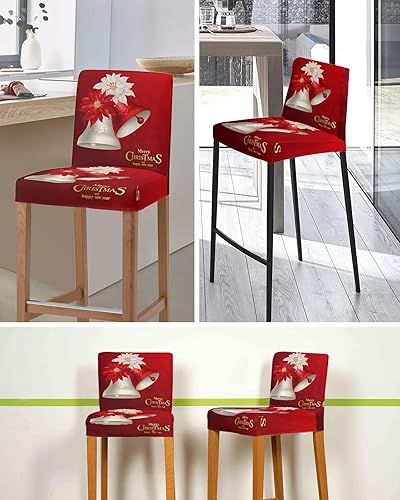 Miniatura 5 de Juego de 2 fundas elásticas para taburetes de bar con diseño de flor de pascua de Navidad, color rojo y blanco, extraíble y lavable, para cocina,