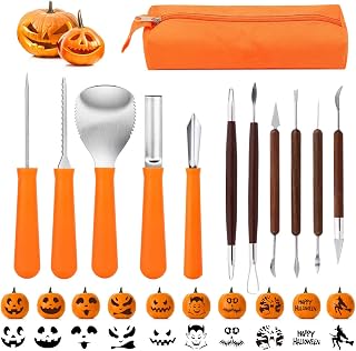 Ohuhu Kit de Sculpture de Citrouille d'halloween, Outil de Citrouille, Comprend 10 Autocollants de Conception de Pochoir et 5 Outils en Acier Inoxydable résistant pour Halloween