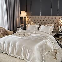 Vista 26 de Juego de funda de edredón sedosa de satén similar a la seda, color rosa rubor con estampado de satén con volantes rosados, 1 funda de edredón y 2