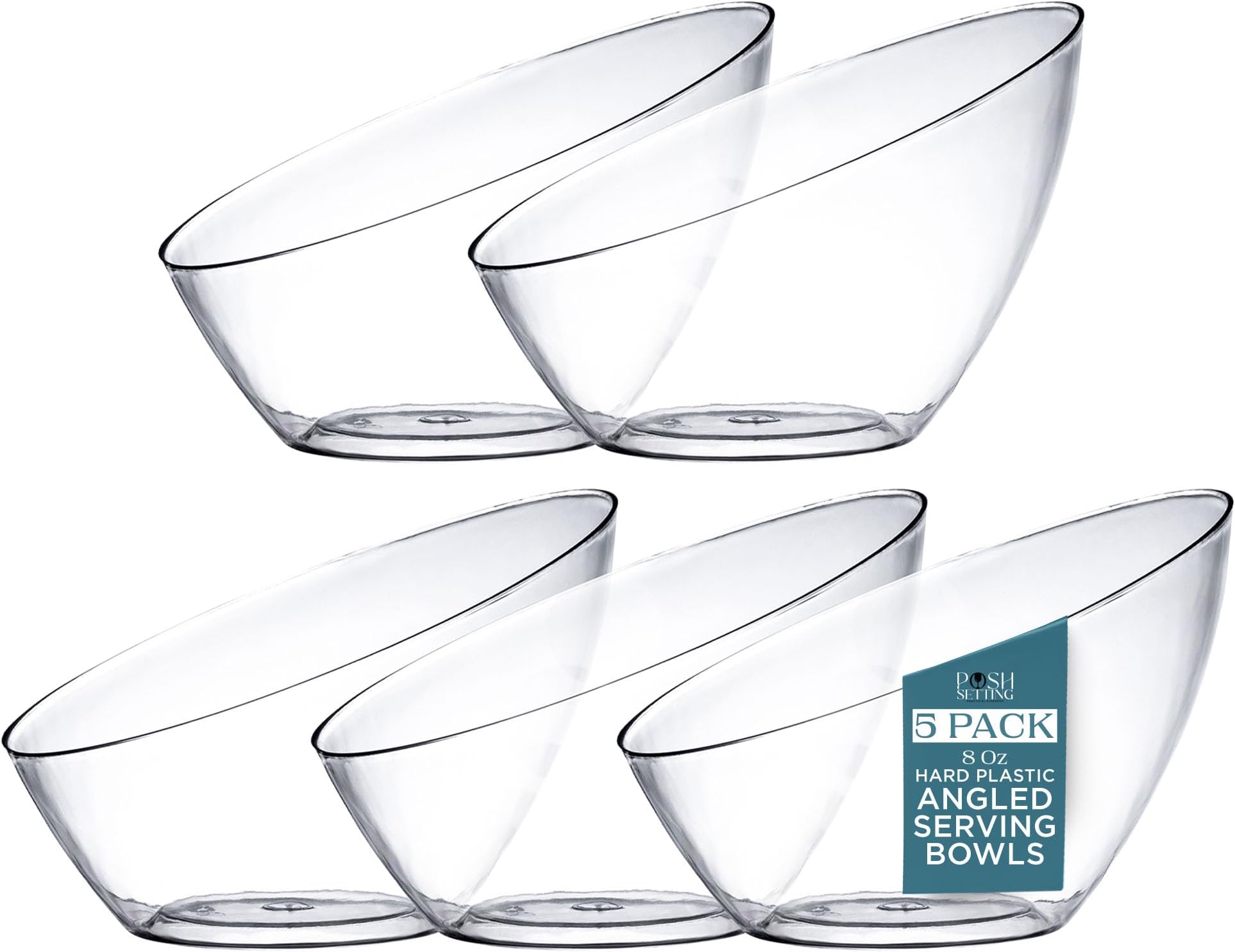 Posh Setting - Clear Plastic Serving Bowls For Party Angled Disposable Chip Candy Table Salad And Fruit Wedding Bowls-Clear, 8 Oz, 5 Pack
