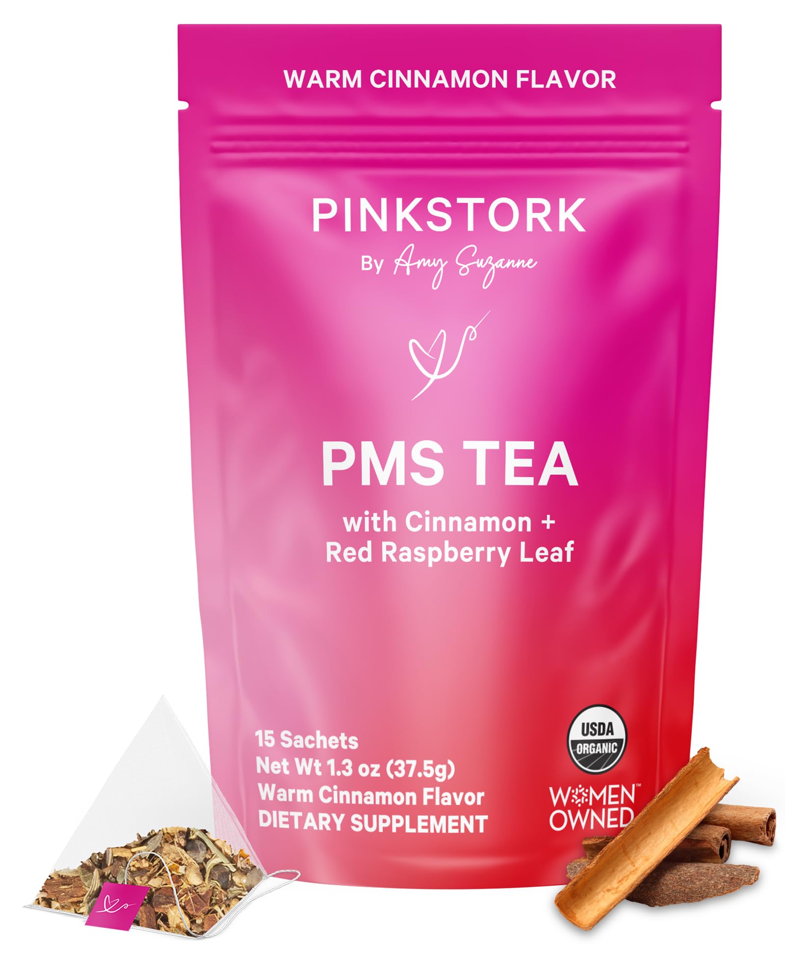 Pink Stork Organic PMS Tea for Hormone Balance, Mood Swings, Bloating, and Period Regularity - 8 Herbs - Vitex, Red Raspberry Leaf, Chamomile - Caffeine-Free - 15 Sachets, Hot or Iced