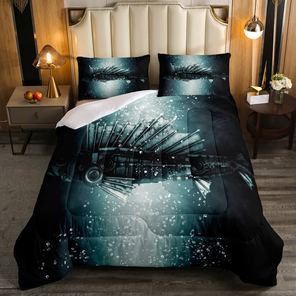 Fish Kids Retro Steampunk Style Bedding Set Boys Girls Mechanical Gearwheel Microfiber Underwater Quilt Set Bedroom Duvet Insert Double Size
