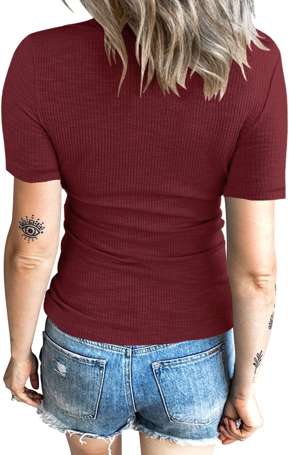 KINLONSAIR Women’s Short Sleeve Henley T Shirts Button Down Slim Fit Tops Scoop Neck Ribbed Knit Shirts