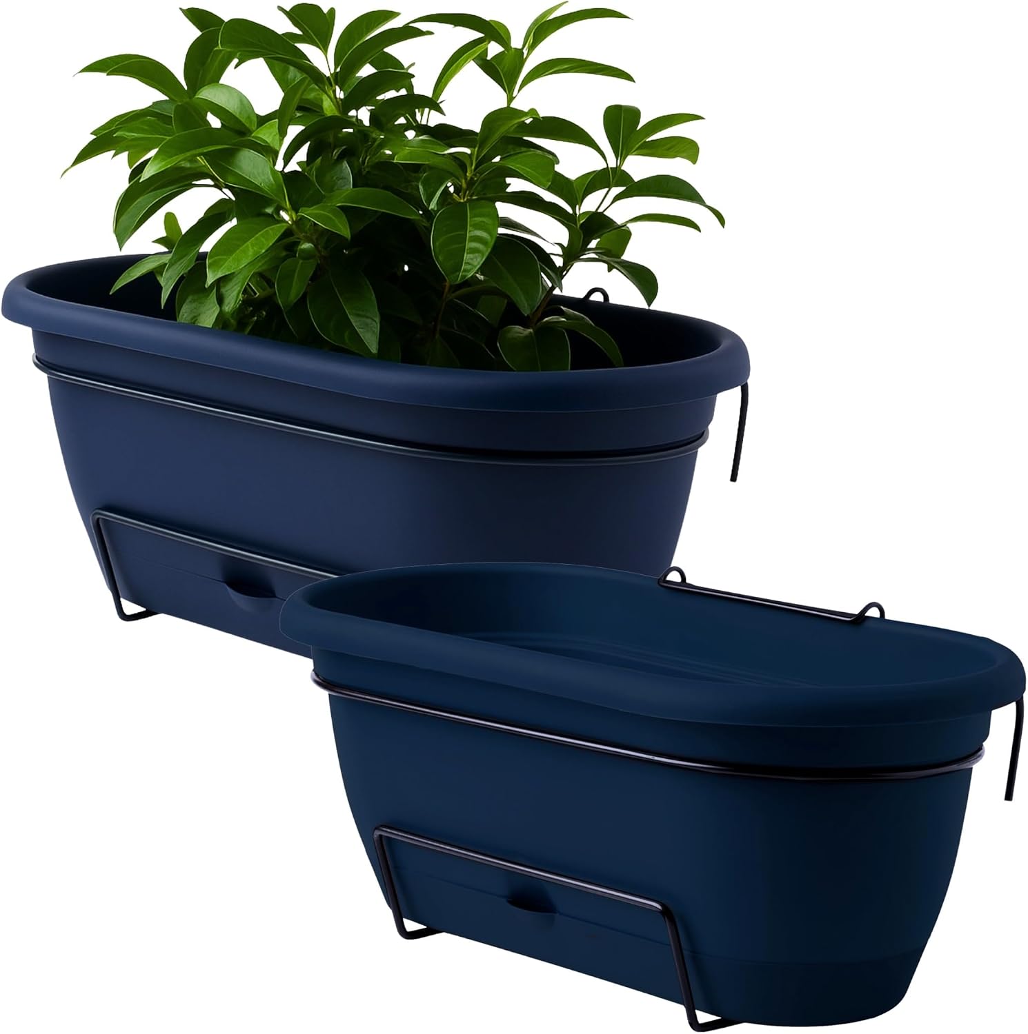 Bloem Lucca 18" Plastic Self-Watering Balcony Box Planter with Metal Hanger Mount for Railings, Navy, 2-Pack