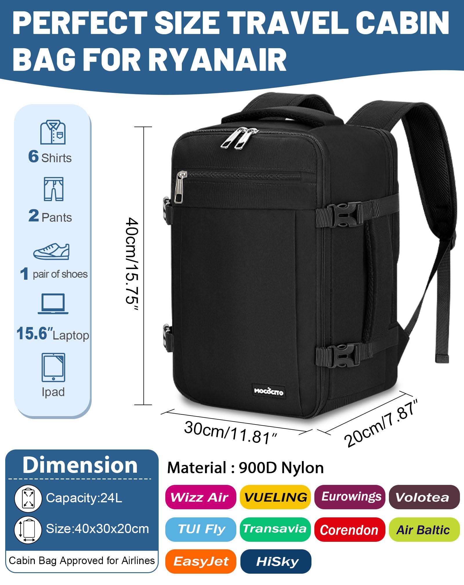 Zaino Ryanair 40x30x20,Zaino da Viaggio Espandibile 24-30L,Bagaglio a Mano per Wizz Air e Vueling,Zaino Cabina per Donna e Uomo, Adatto a Laptop da 15,6”per Ufficio,Scuola e Uso Quotidiano