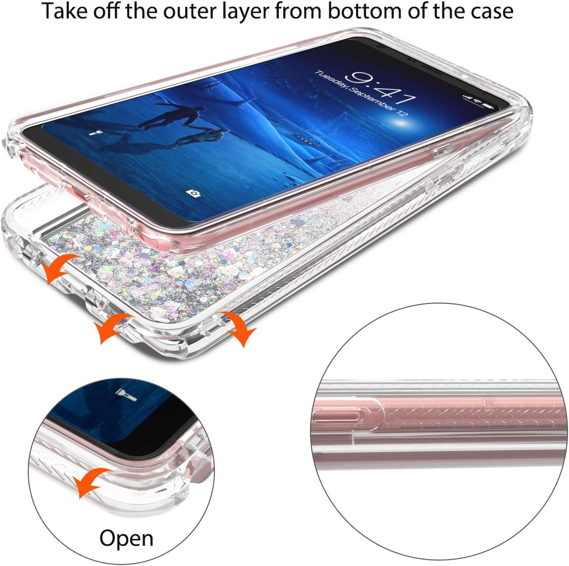 Dexnor Compatible with LG Stylo 5 Case with Built in Screen Protector Clear Glitter Bling Quicksand Rugged Silicone Hard 3D Dual Layer Hybrid Defender Bumper for Girl Women Silver