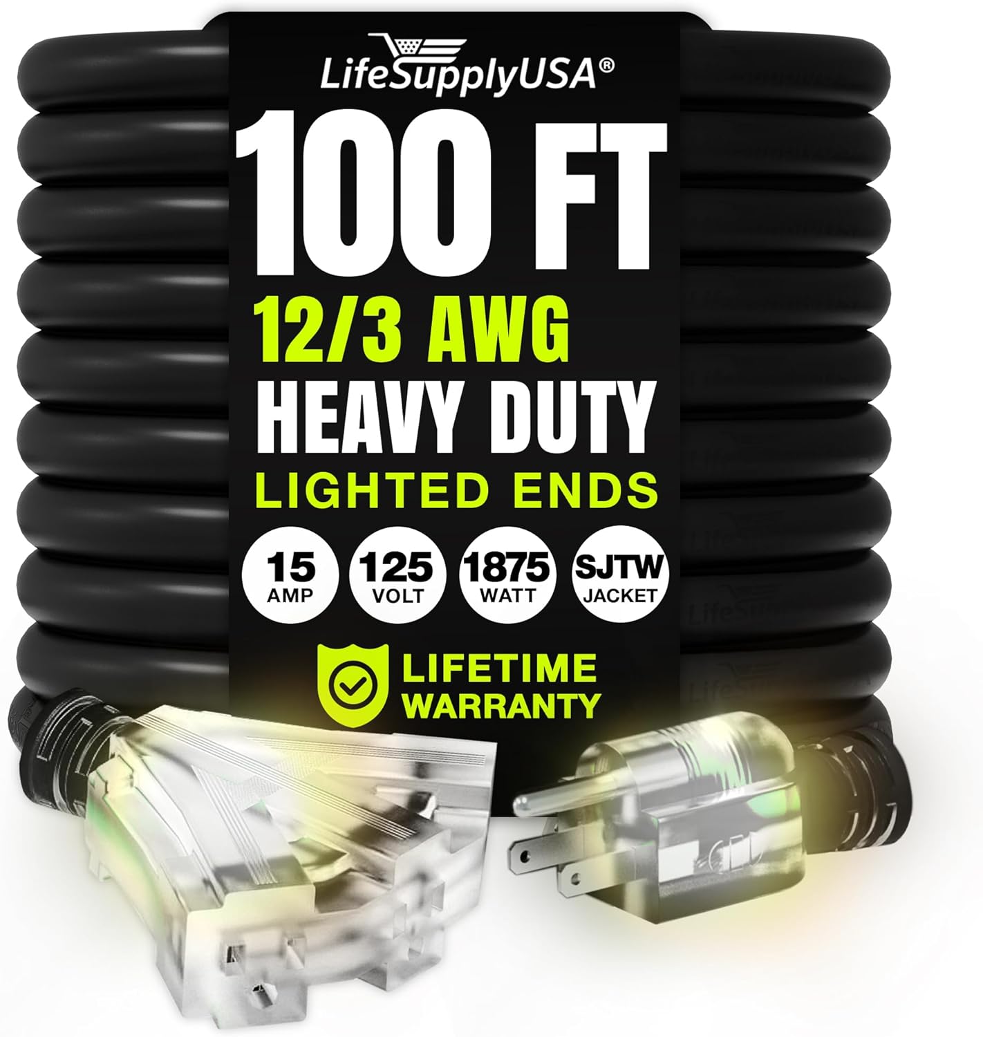 100ft Outdoor/Indoor Extension Cord 3-Outlet 12/3 Gauge Extra Heavy Duty 3 Prong SJTW, Waterproof, Flexible Cold-Resistant Long Power Cord,15A 125V 1875W, Black by LifeSupplyUSA