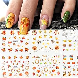 Fall Nail Art Stickers, Autumn Leaves Nail Decals Water Transfer Thanksgiving Nail Stickers Maple Leaf Pumpkin Turkey Yellow Nail Tattoo Stickers for Women Girls Kids (12 Sheets)