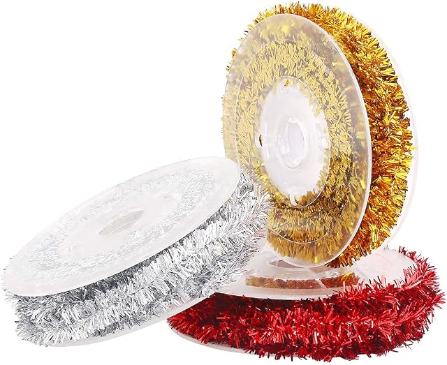 VEYLIN Xmas Tinsel Wire Garland, 3 Pack Christmas Tinsel Ribbon for Holiday Present Wrapping Decoration DIY Craft Supplies (3 Colors)