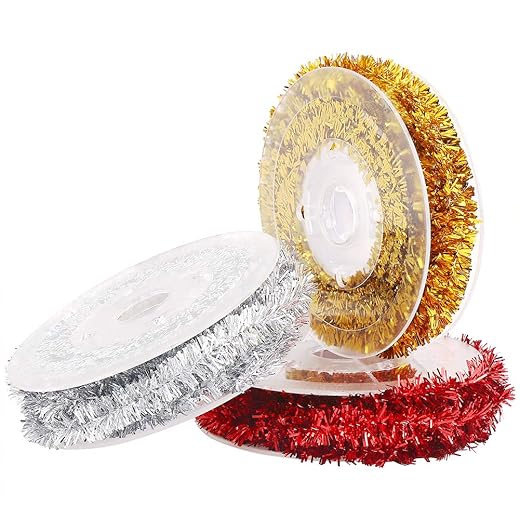 CCINEE Tinsel Wire Garland,Christmas Tinsel Ribbon with 3 Color for Xmas Tree Decoration DIY Craft,16.4ft,Pack of 3