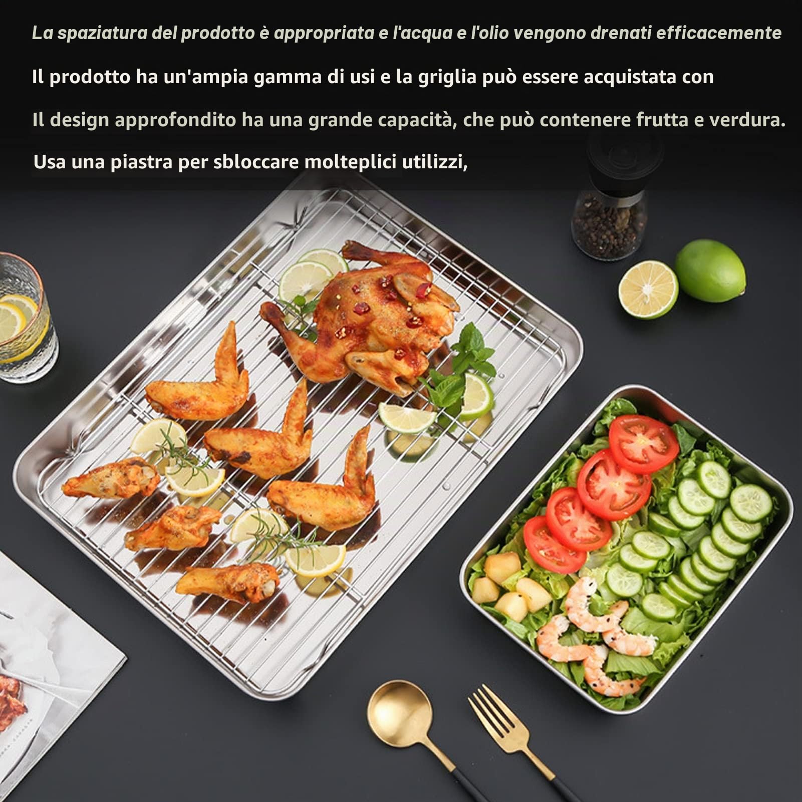 Griglia in Acciaio Inossidabile, Teglia da Forno Rettangolare con Griglia di Raffreddamento, Set di Teglie da Forno da Cucina per Manzo, Pollo e Verdure (23.5 * 17.5 * 5CM)