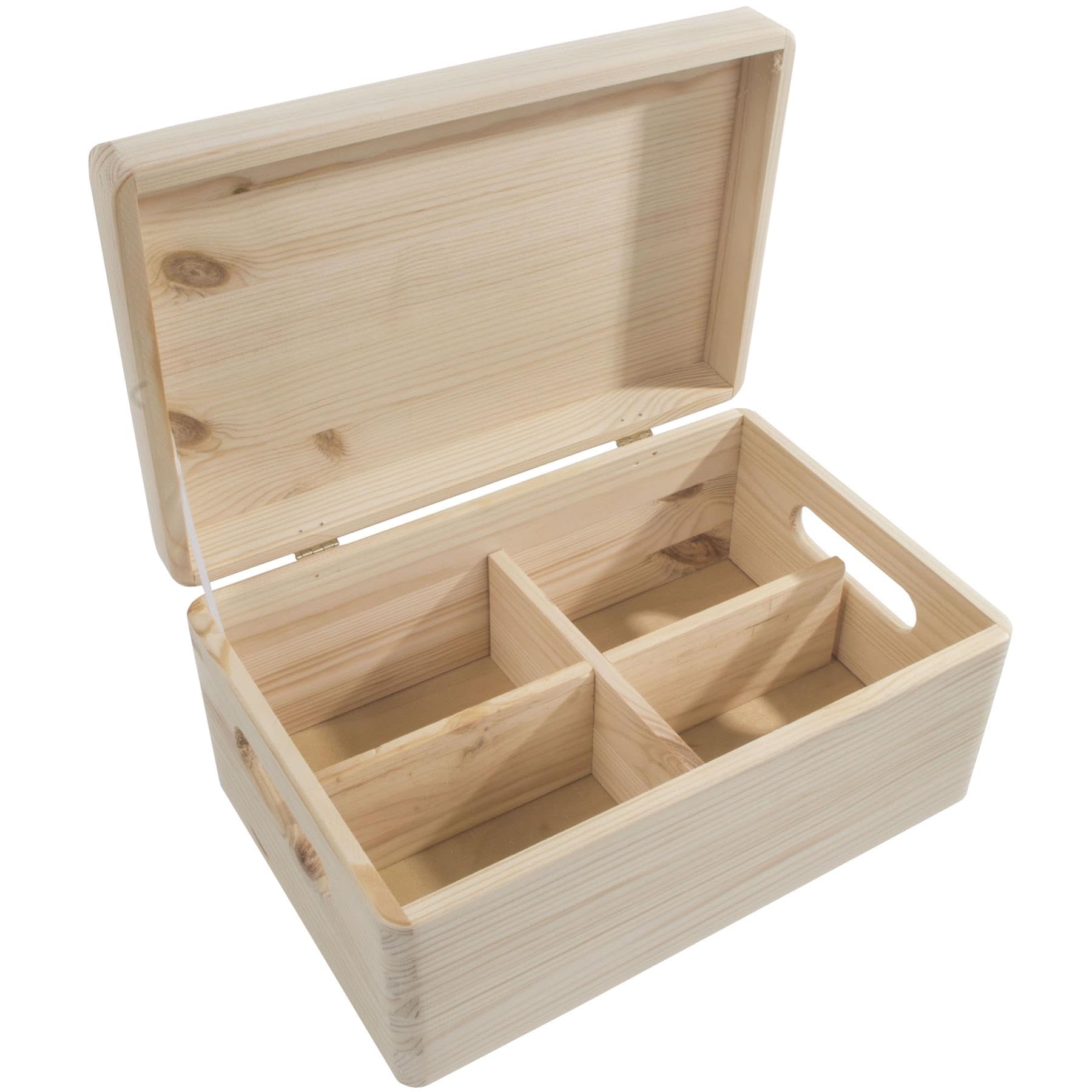 WooDeeDoo Medium Wooden Storage Chest with Handles Lid and Removable Dividers – Unfinished Pine Box with 4 Compartments for Craft Tools Home Office DIY Storage Gift Organisation – 29.5x19.5x13.5cm