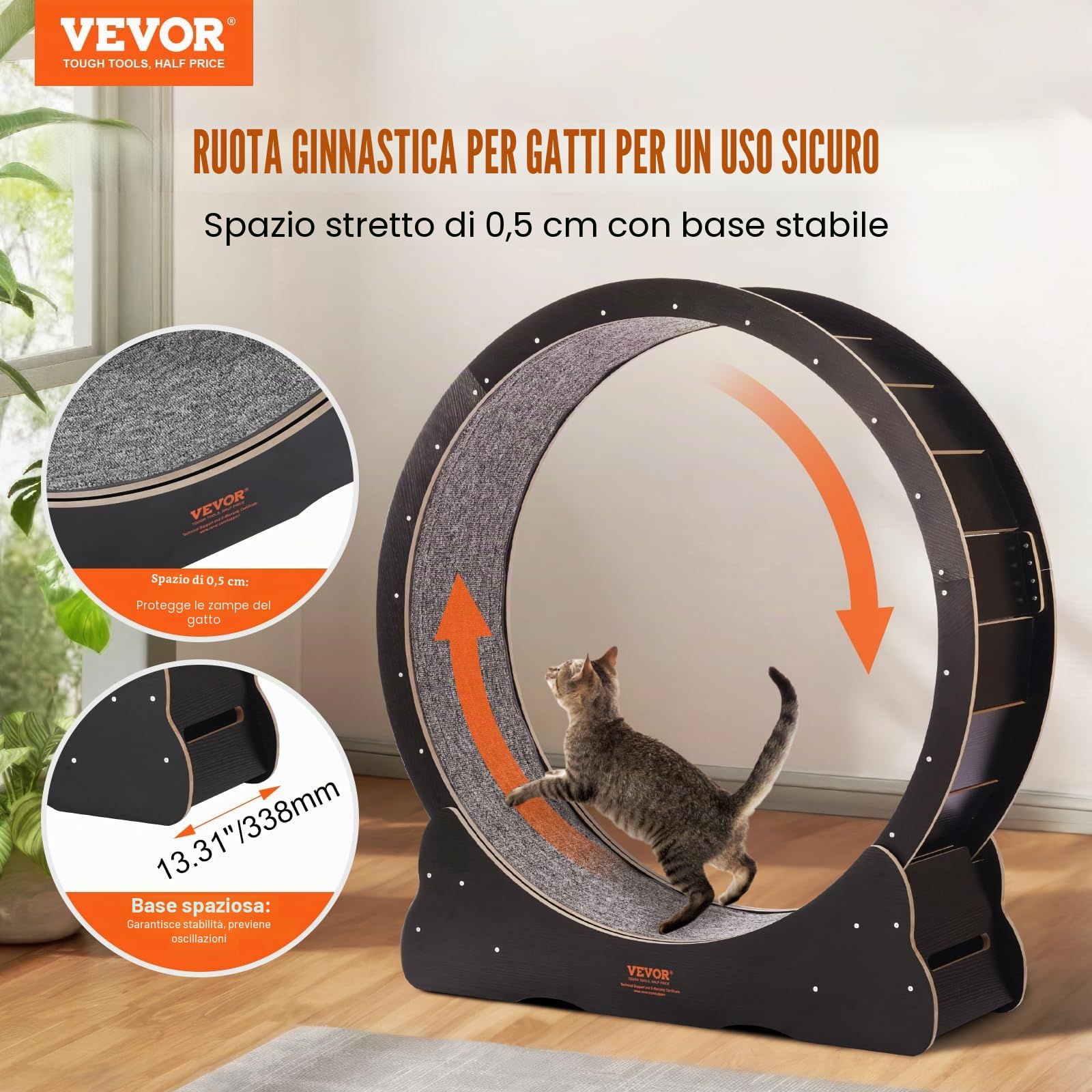 VEVOR Ruota per Esercizi per Gatti Ruota da Corsa per Interni Grande da 1100 mm, con Tapis Roulant Rimovibile, Teaser per Gatti per Correre, Camminare, Adatta per la Maggior Parte dei Gatti, Nera