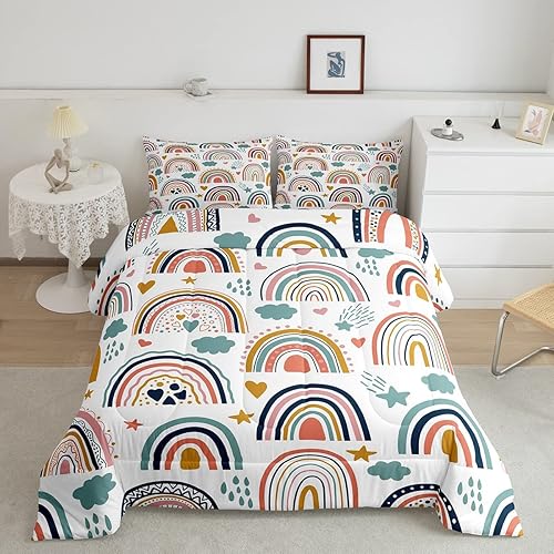 Erosebridal Juego de edredón de arcoíris para niñas, juego de ropa de cama de arcoíris de dibujos animados, tamaño matrimonial para niños y mujeres,