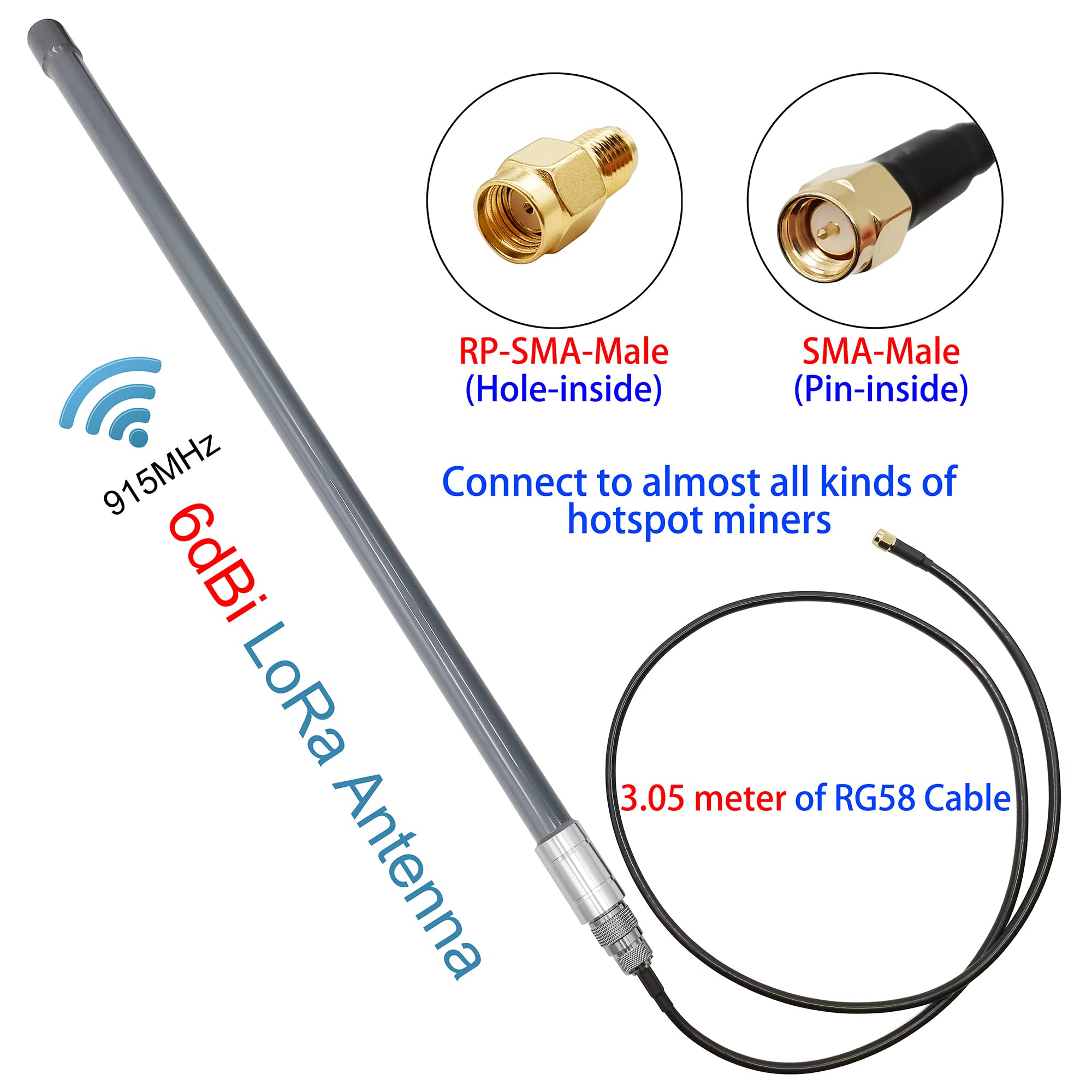Antenne LoRa 915 MHz 6dBi N-Mâle + Câble SMA Mâle 3m pour Helium Miner Kit