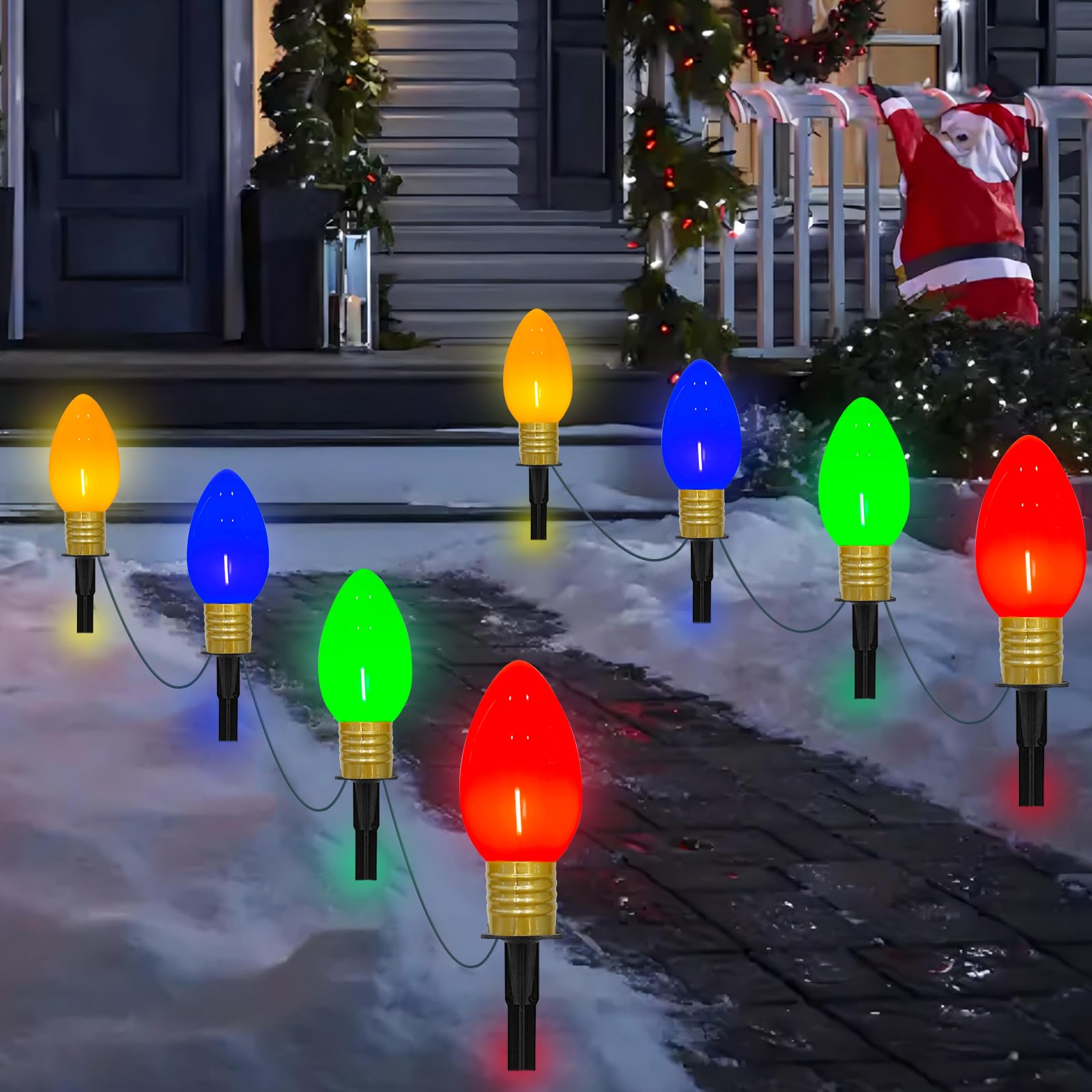 (similar)Christmas Lights Jumbo C9 Outdoor Lawn Decorations with Pathway Marker Stakes,4 Pack String Lights with Multi Color Giant Lighted Bulbs for Holiday Outside Yard Garden Decor, 4 Lights