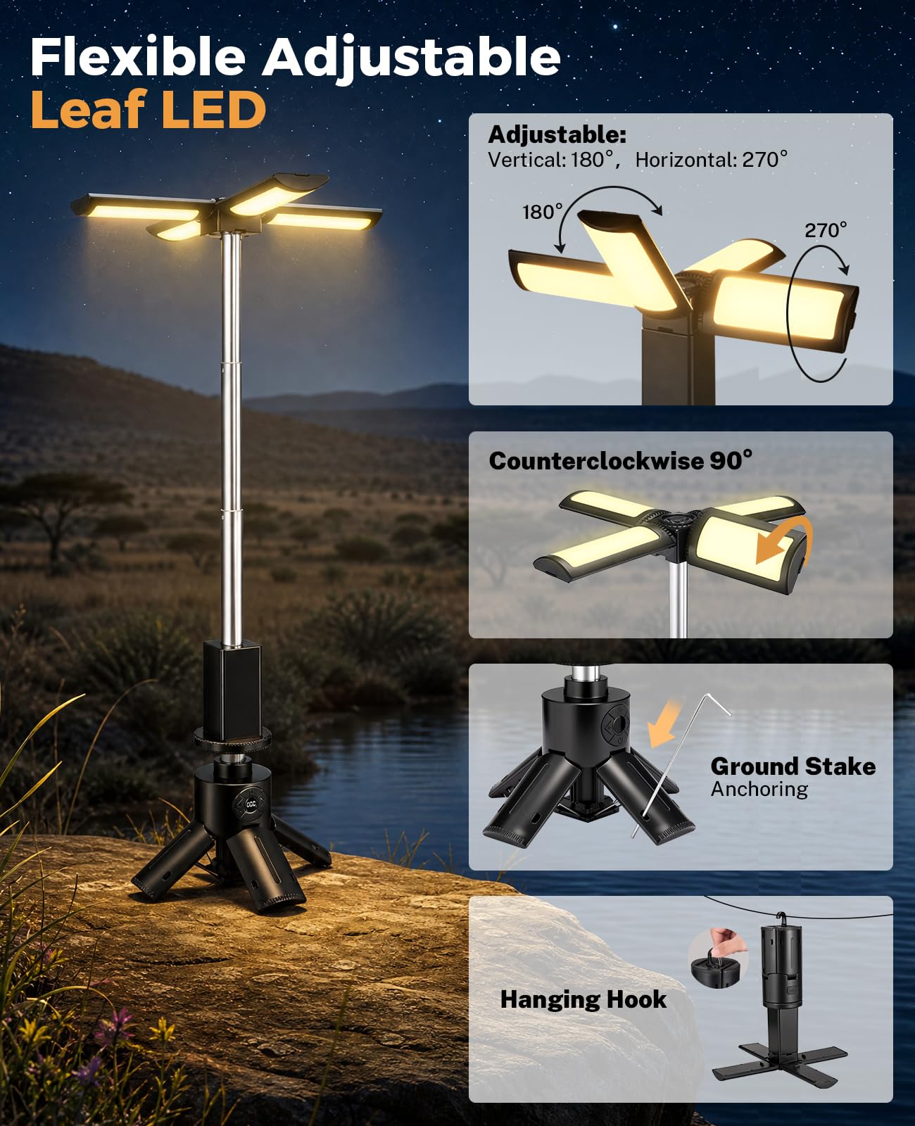 【Teleskop Wiederaufladbares Campinglicht】12000mAh Tragbare Campingleuchten mit Ständer - Outdoor Faltbare Campinglaternen mit 7200/5000/3600K Dimmbar IPX5 Wasserdicht für Wandern Camping
