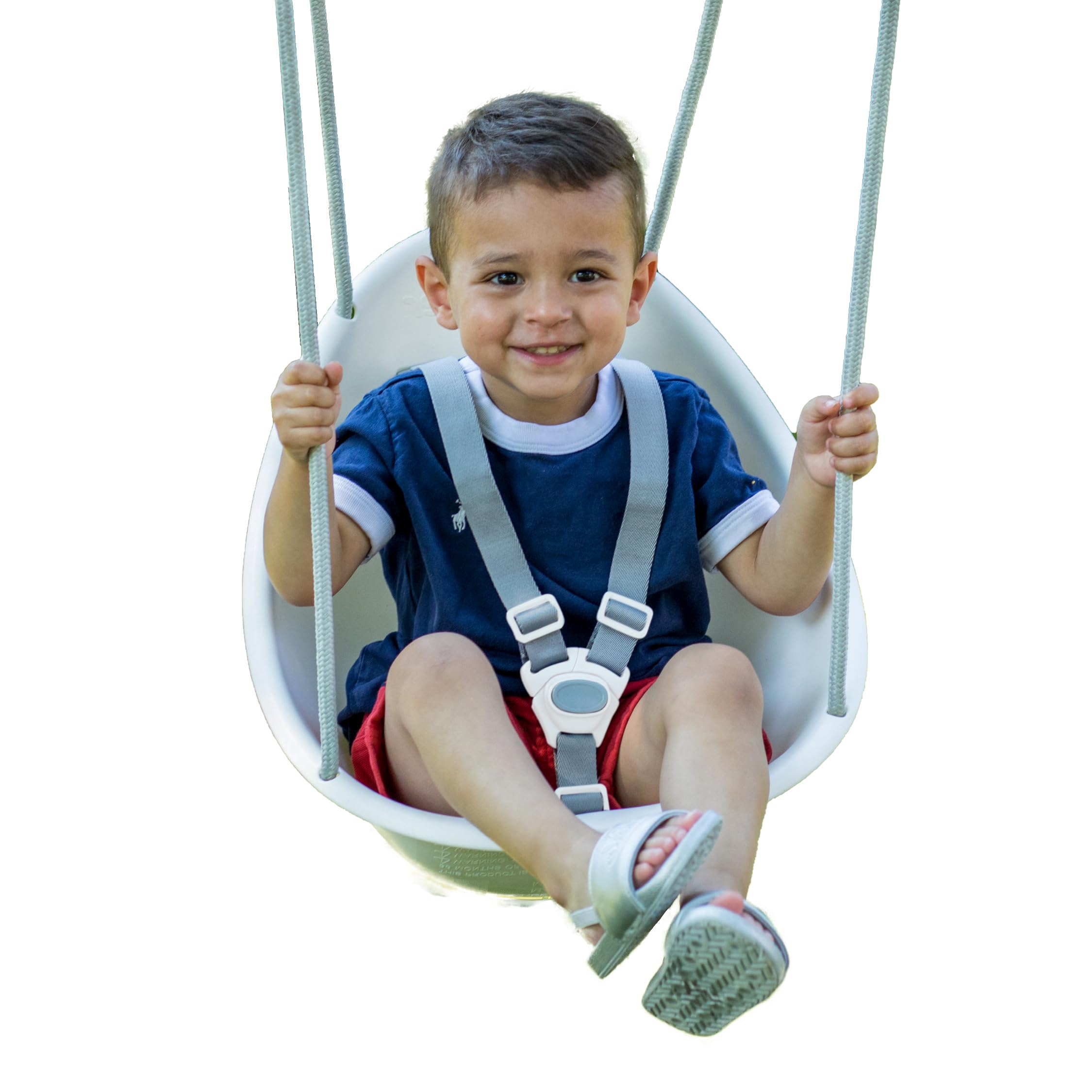 White toddler swing with 3-point harness hanging outdoors