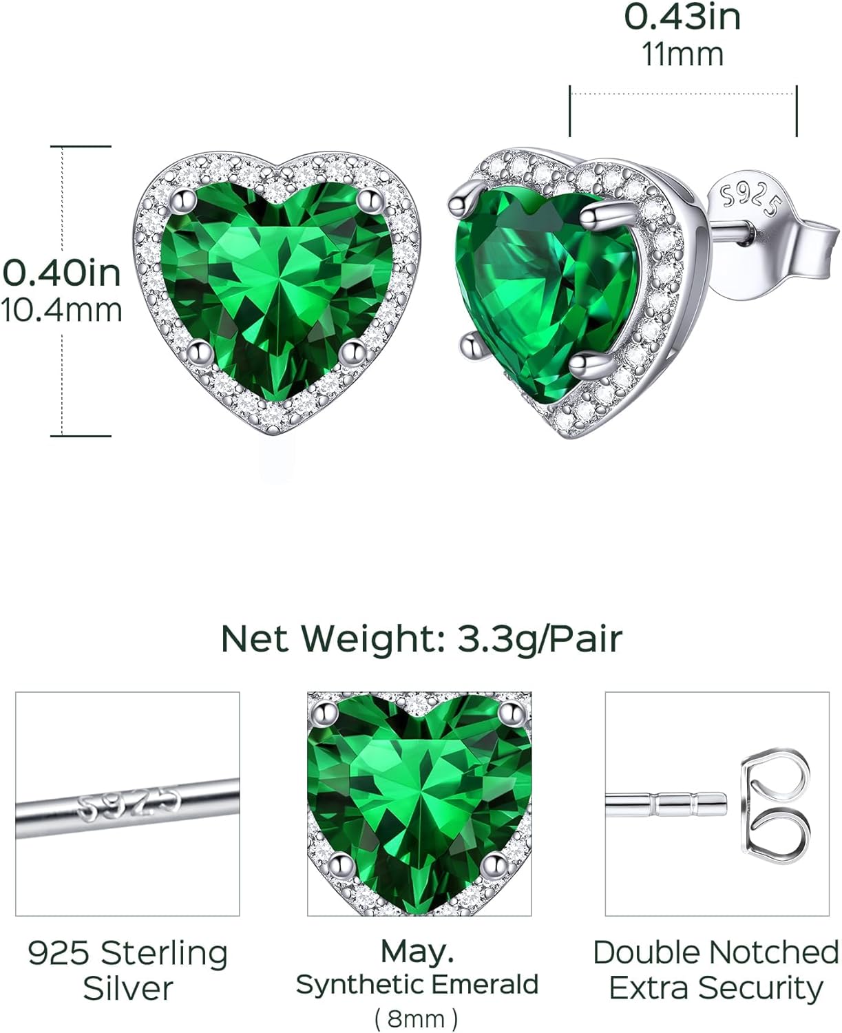 ChicSilver 925 Sterling Silver Birthstone Earrings for Women, 8MM/2 Carat Heart & Round Cubic Zirconia Stud Earrings, Hypoallergenic Jewelry, Ideal Birthday or Christmas Gifts - Image 9