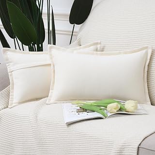 Madizz Juego de 2 Suave Chenille Decorativo Funda de cojíns Lujo Estilo Fundas de Almohada para el sofá Dormitorio Blanco Crema Rectangular 30 x 50 cm