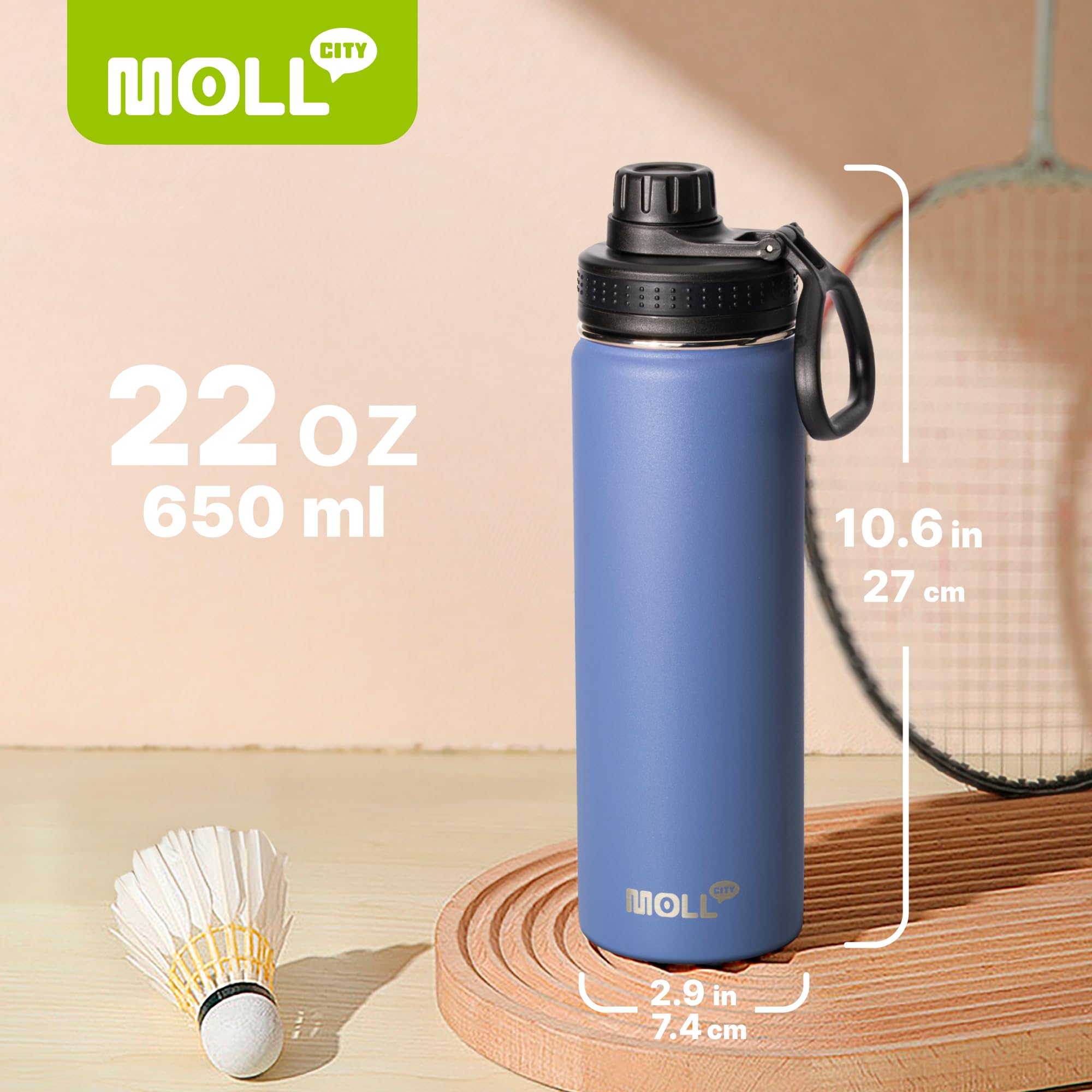 Botella de agua de 22 onzas, azul rey | Termo de agua deportivo aislado al vacío de acero inoxidable con tapa de boquilla
