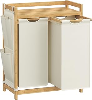 SONGMICS Laundry Basket 2 Compartments Bamboo Laundry Hamper 100 L Laundry Sorter with Shelf Laundry Bag Small Side Pockets Laundry Rack 2 x 50 L 63 x 33 x 78 cm Cream White RLH100W01