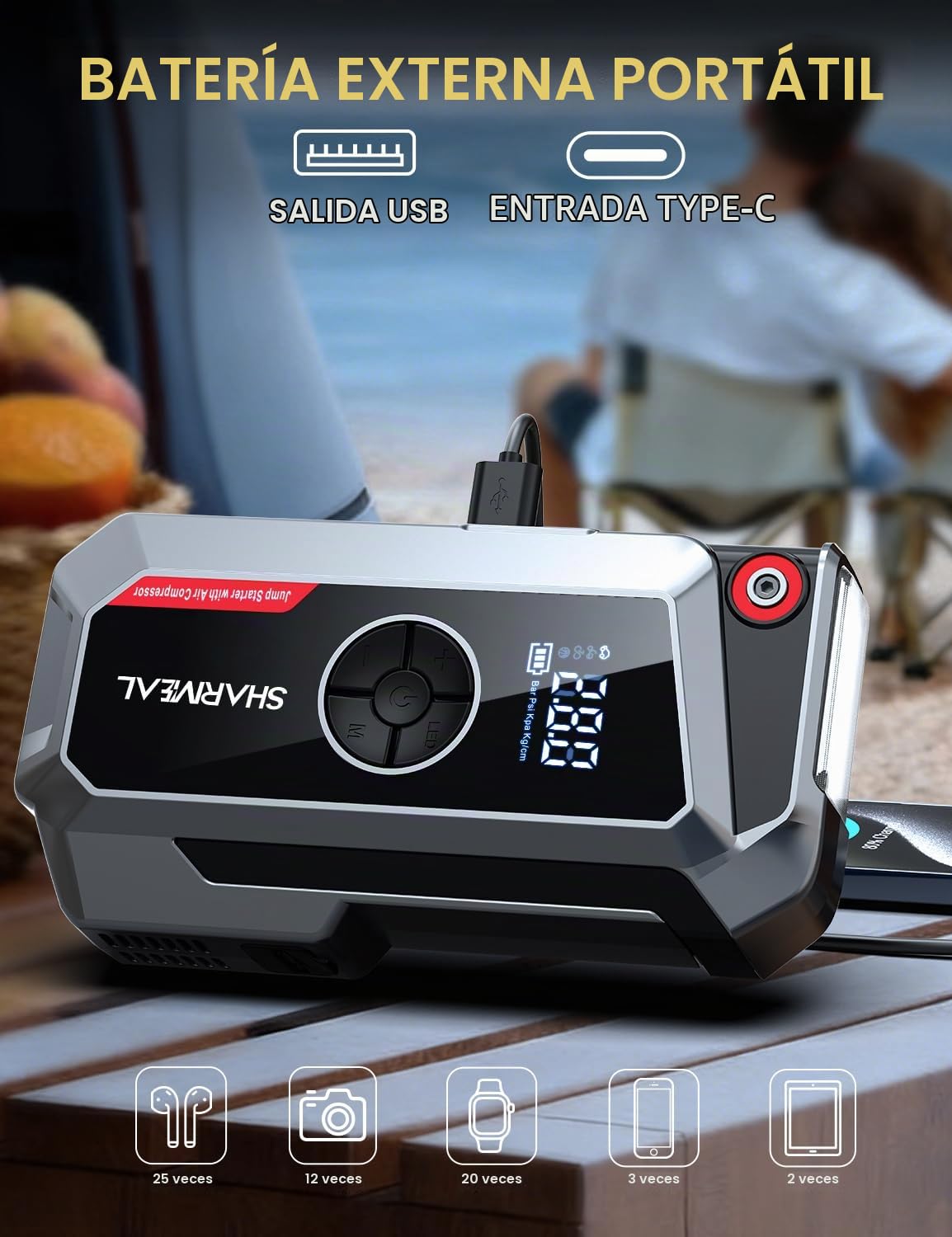 SHARMEAL 10000A Arrancador de Baterias de Coche con Compresor, 250PSI Inflador de Neumáticos, 12V, Arrancador de Coches para Vehículo (Todo Gasolina o 12L Diésel), Pantalla LCD, Luz de Emergencia