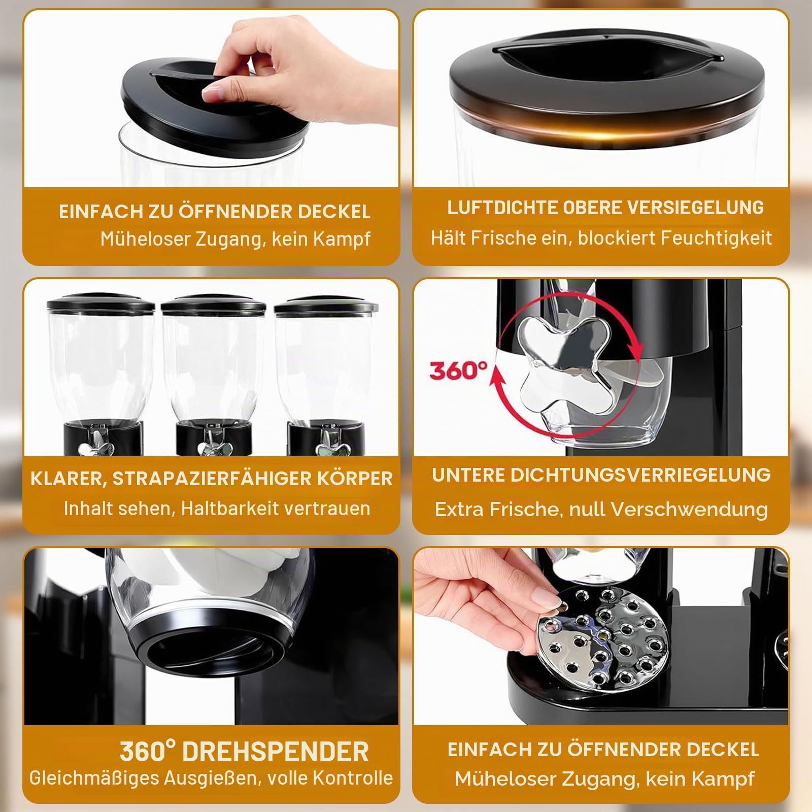 Cereal Dispenser 2L, Dreifacher Müsli Verteiler für die Arbeitsplatte, Müslispender 3er Set Luftdichte Behälter für Müsli, Reis, Körner, Süßigkeiten, Kaffebohnen