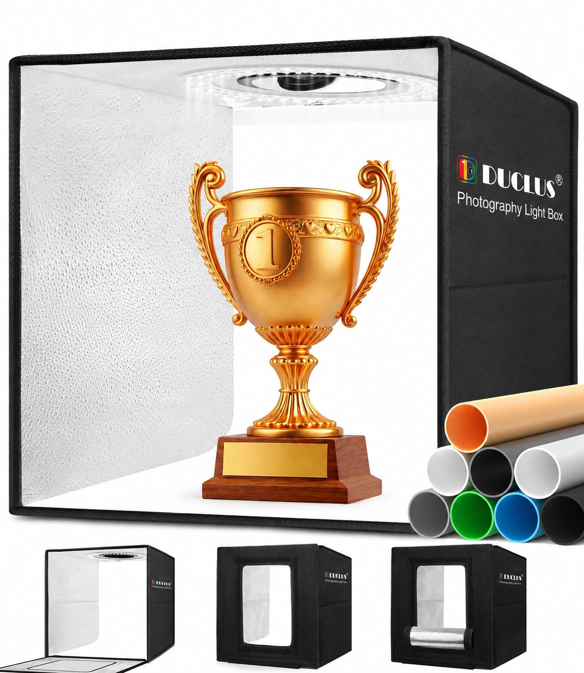 DUCLUS Lightbox 40x40 cm, Studio Fotografico Pieghevole, 5500K kit con Tenda Luminosa Dimmerabile, Illuminazione a 160 LED e 8 Sfondi per la Fotografia di Prodotti