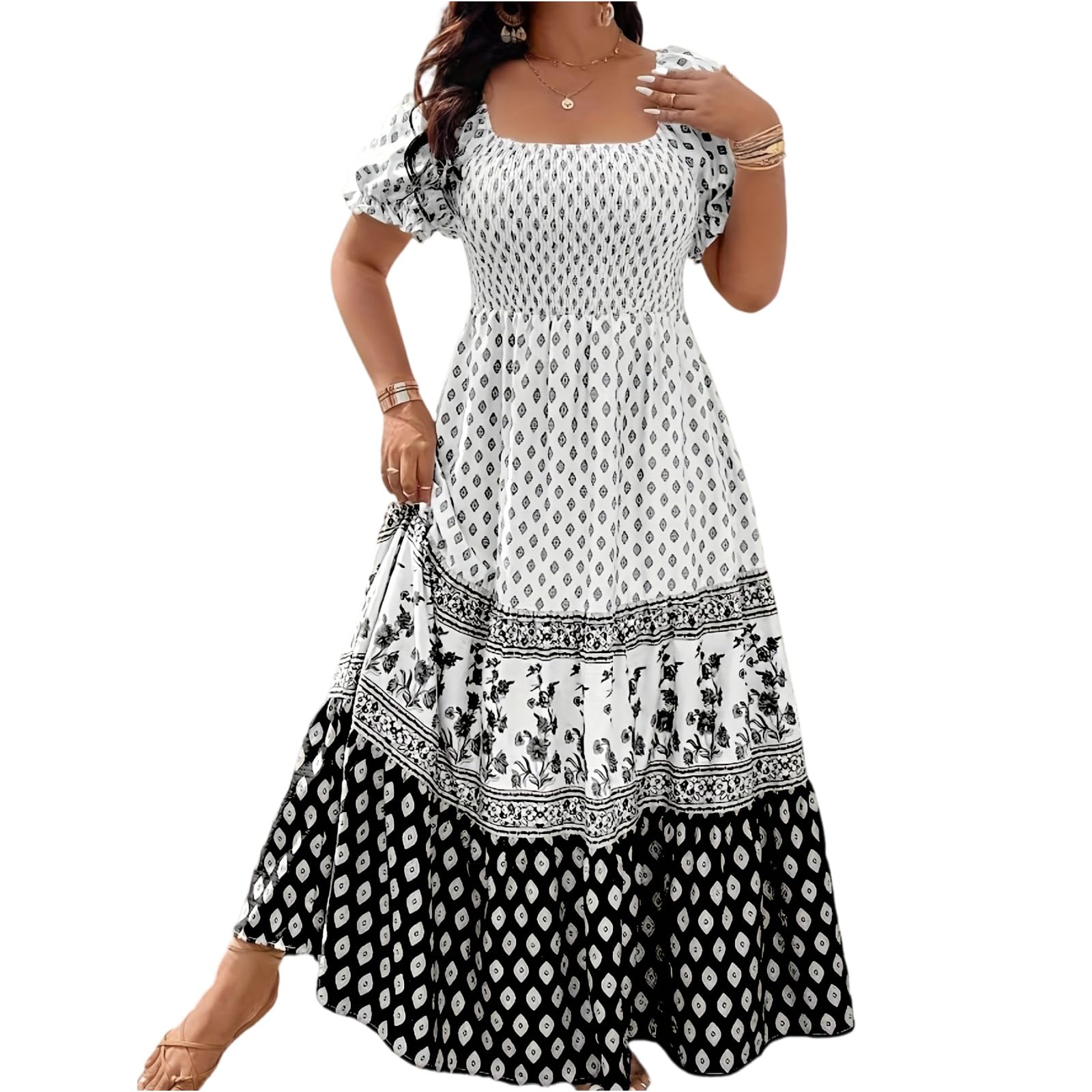 Maxikleid Große Größen Sommerkleid Damen Lang Elegant Blumen Boho Kleid A Linien Gesmoktes Kleider Für Mollige Frauen Sommer Maxi Sommerkleider Leicht Und Luftig Strandkleid Grosse Grössen