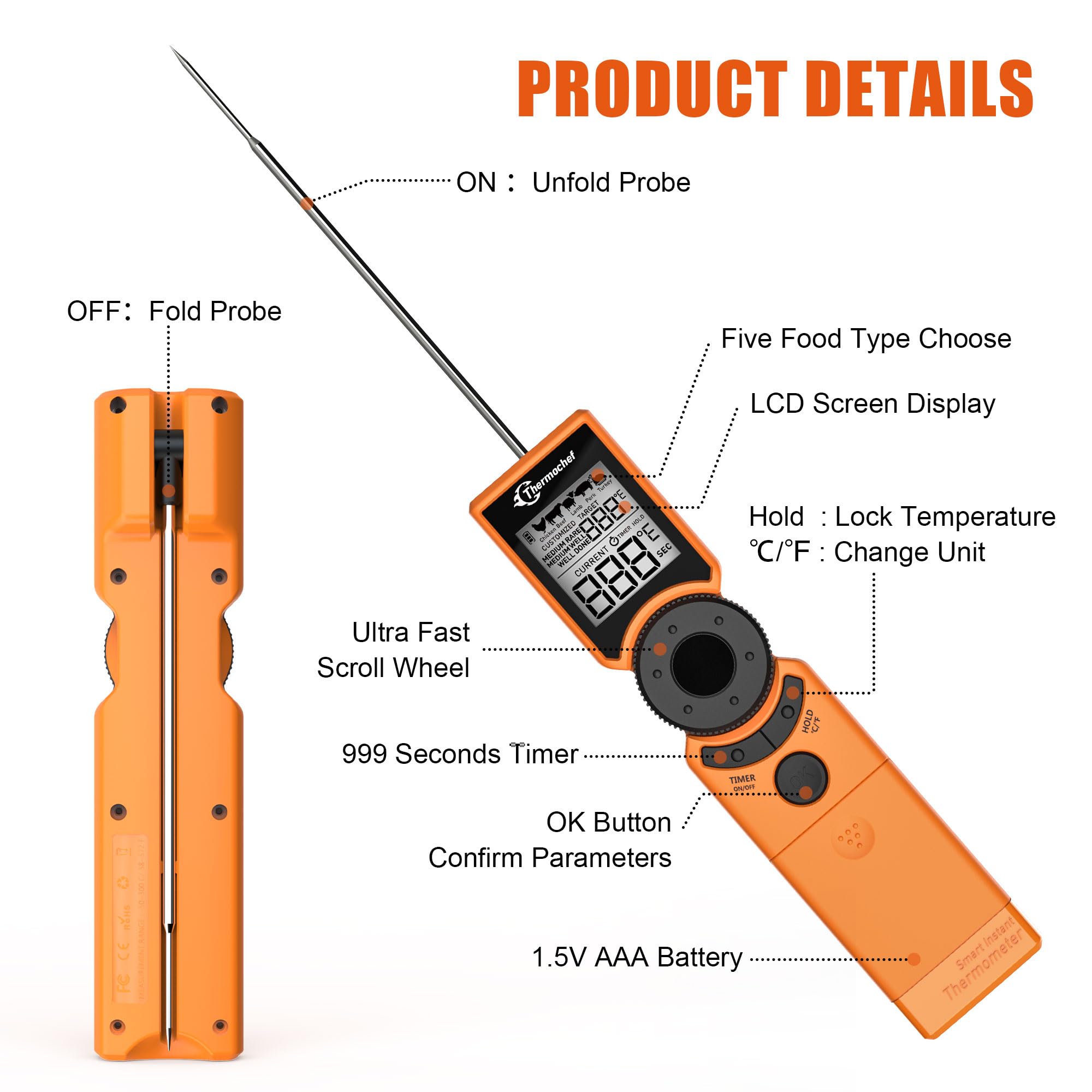 Thermochef Digital Meat Thermometer for Grill, Instant Read Food Thermometers for Cooking with Food Doneness Guide, Calibration and LCD Backlight Screen, High Accuracy +-1% degF, BBQ Beef Candy Orange - Image 4
