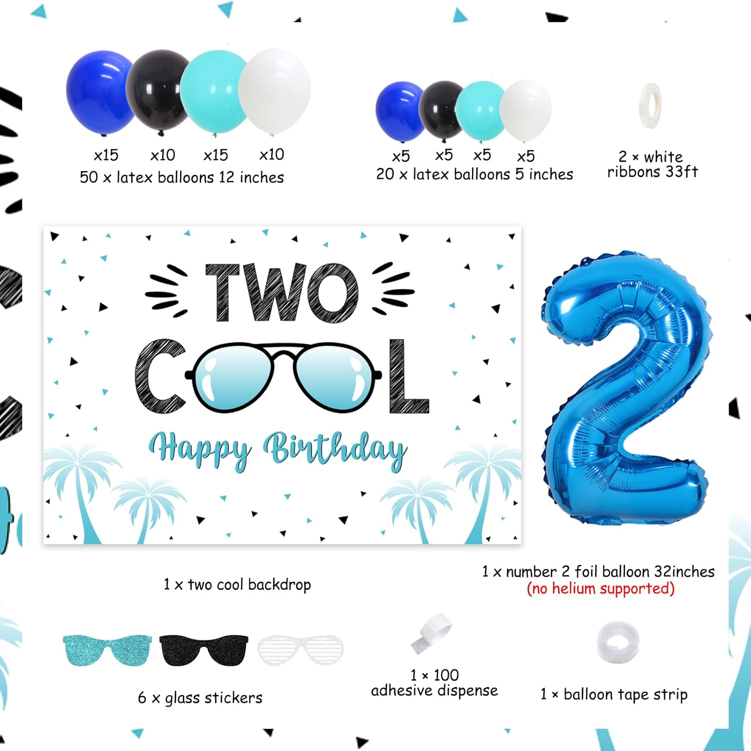 Two Cool Birthday Party Decorations Boy, Two Cool Balloon Garland Kit, Two Cool Sunglasses Theme Backdrop, Number 2 Foil Balloon, 2nd Birthday Decorations for Boys - Image 6
