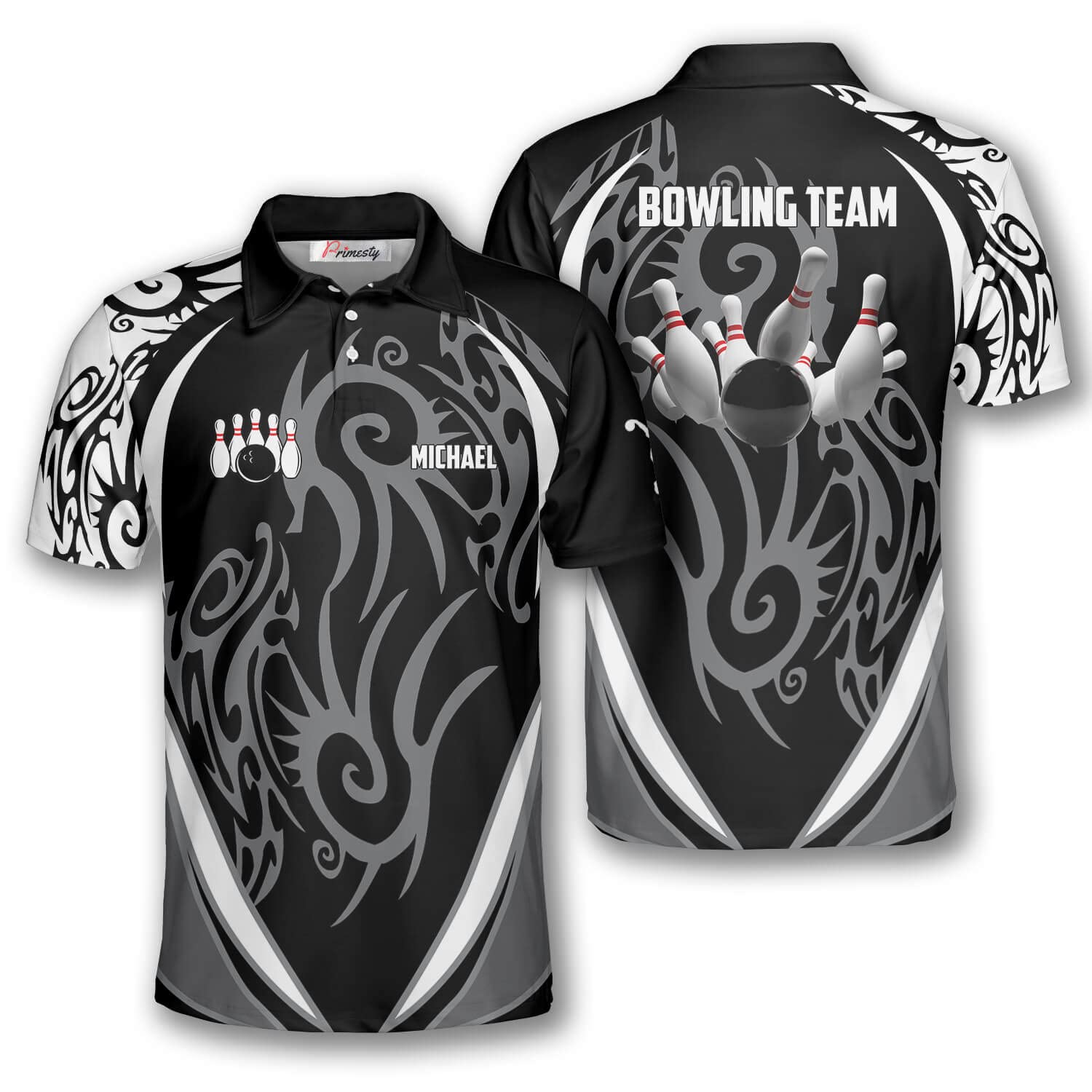 PRIMESTY Personalized Bowling Shirts for Men Custom Name and Team Name Bowling Polo Shirts Bowling Jerseys Size S-5XL
