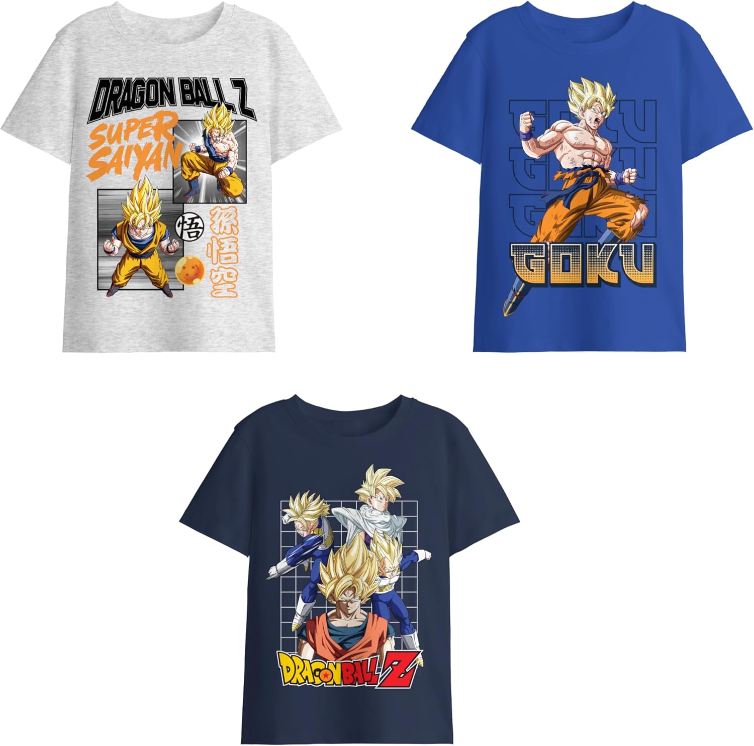 Dragon Ball Z Super Saiyan Character Art Boy's 3-Pack Crew Neck Short Sleeve T-Shirt Set