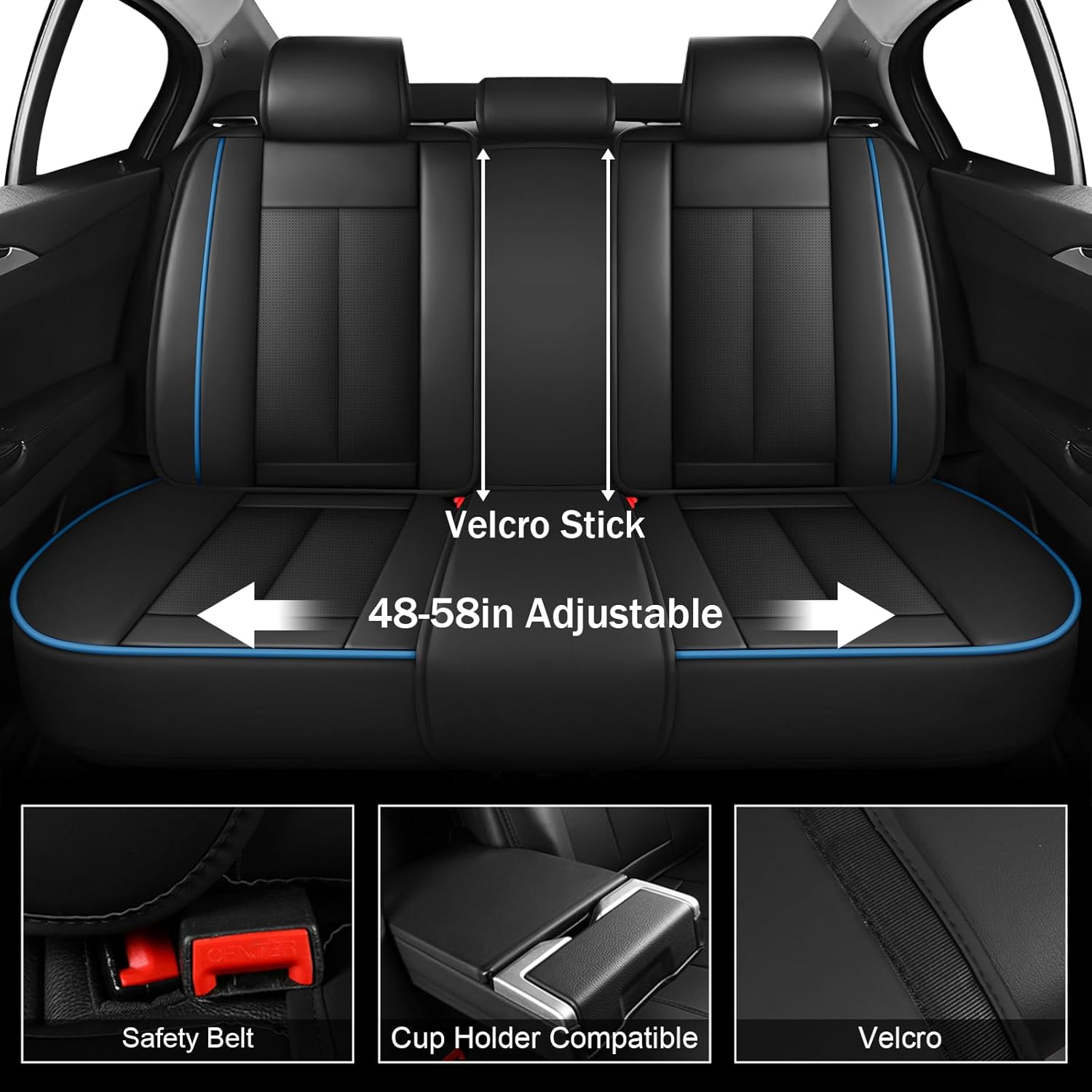Upgraded Car Seat Covers for Dodge Challenger 2008-2023, Wear-Resistant Front and Rear Split Bench Auto Seat Protectors, Easy to Clean (Full Set, Black&Blue)
