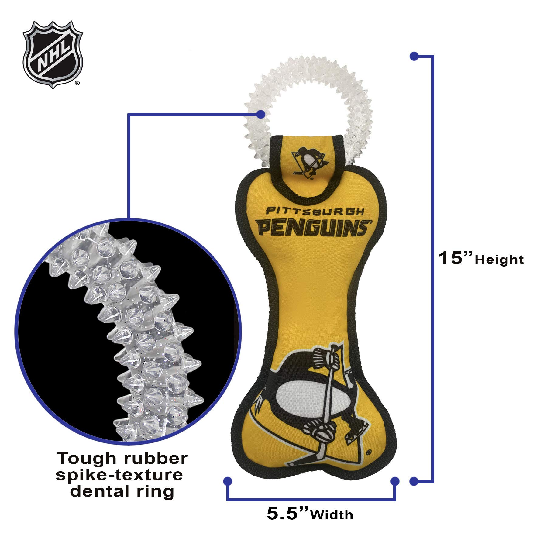 Pets First NHL Pittsburgh Penguins Dental Dog TUG zabawka z piszczałką, wytrzymała zabawka PET dla zdrowej zabawy, ząbkowania i czyszczenia zębów i dziąseł zwierzęcia, jeden rozmiar (PEN-3310)