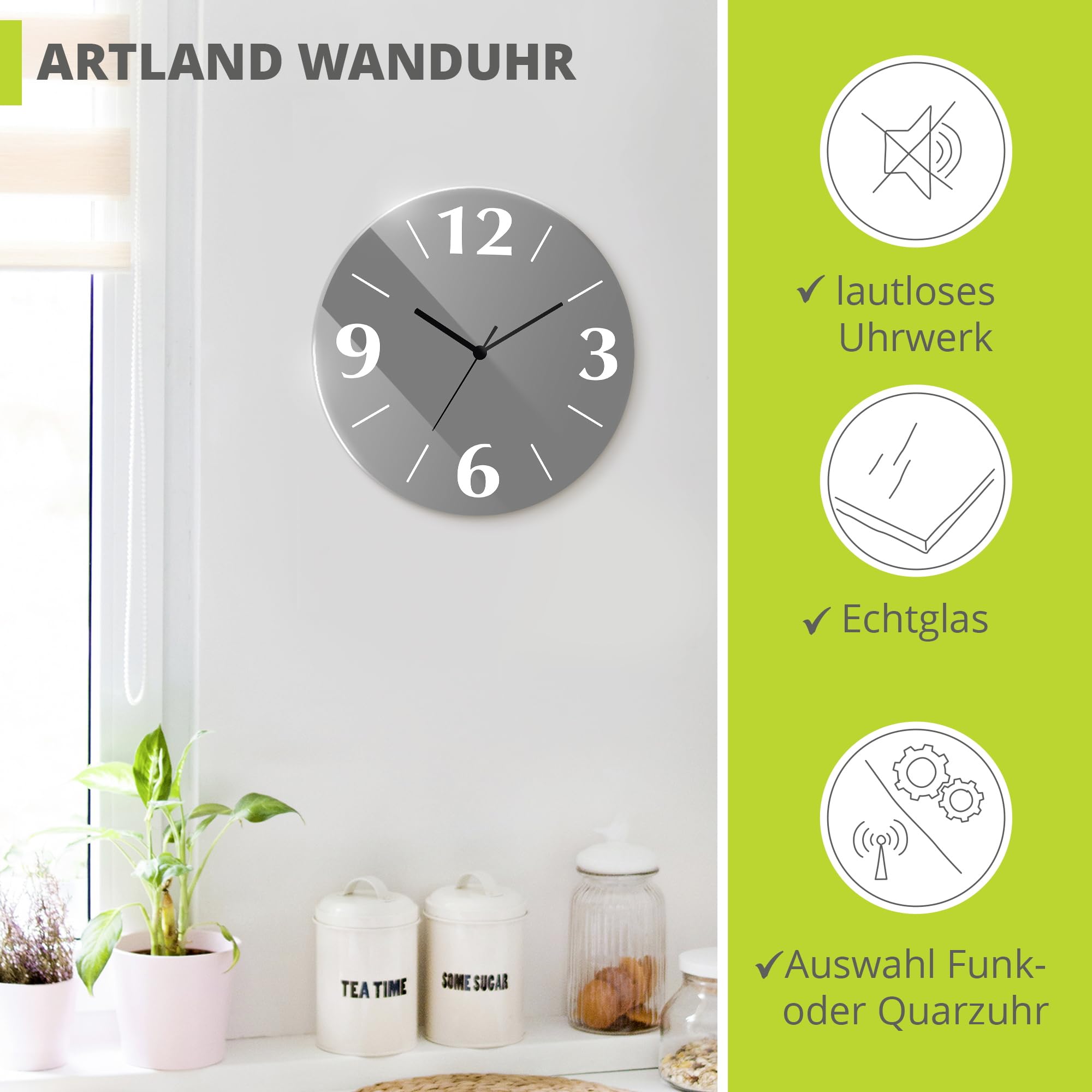 ARTLAND Wanddeko Wanduhr ohne Tickgeräusche aus Glas Funkuhr Ø 30 cm Rund Lautlos Trendfarbe Grau S7KC