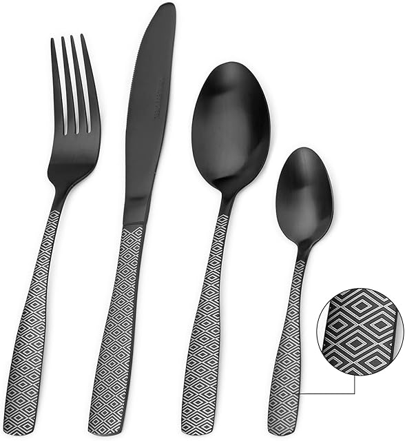 Matte Black Cutlery Set, Bettlife 16-Piece Tableware Set Stainless Steel Flatware Silverware Set with Knife and Fork Set, Service for 4, Unique Pattern Design, Dishwasher Safe (Black Diamond, 16P)
