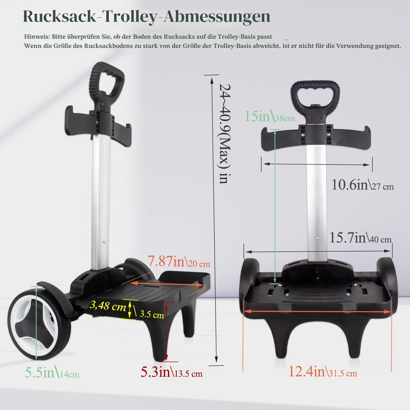 Rücken-Rollwagen mit Rad, mit Kantenschutzbasis, leise, große Aluminiumlegierungsräder, faltbarer Trolley mit Gepäckgurt für universelle Rucksäcke für Teenager