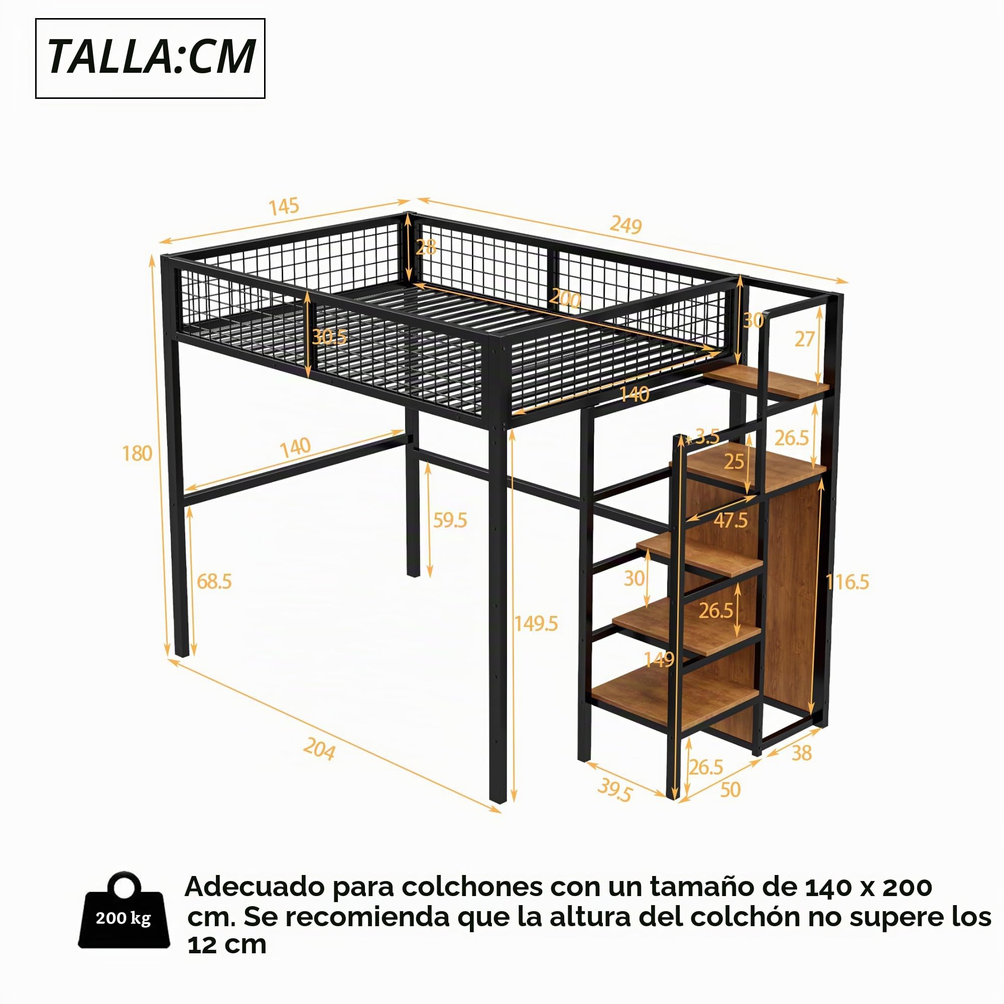 Cama alta de 140 x 200 cm con escalera, cuna con marco de hierro y estante de almacenamiento, armario (negro)
