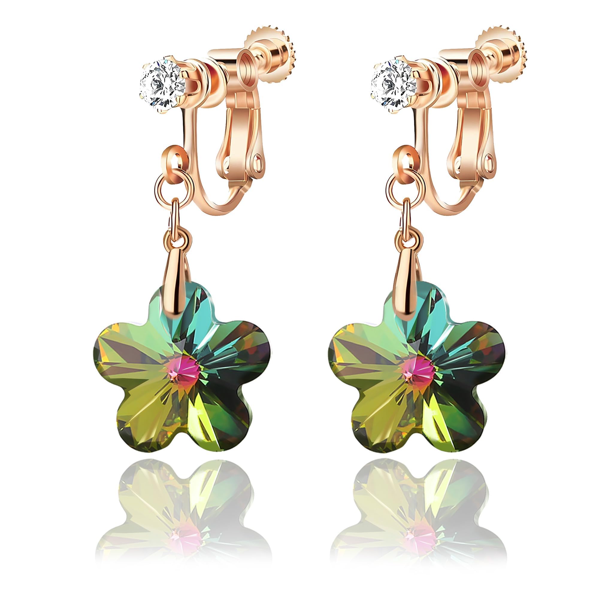 Austrian Crystal Flower Drop Clip On Earrings for Women Non Pierced 14K Rose Gold Plated Hypoallergenic Dangle Earring Jewelry