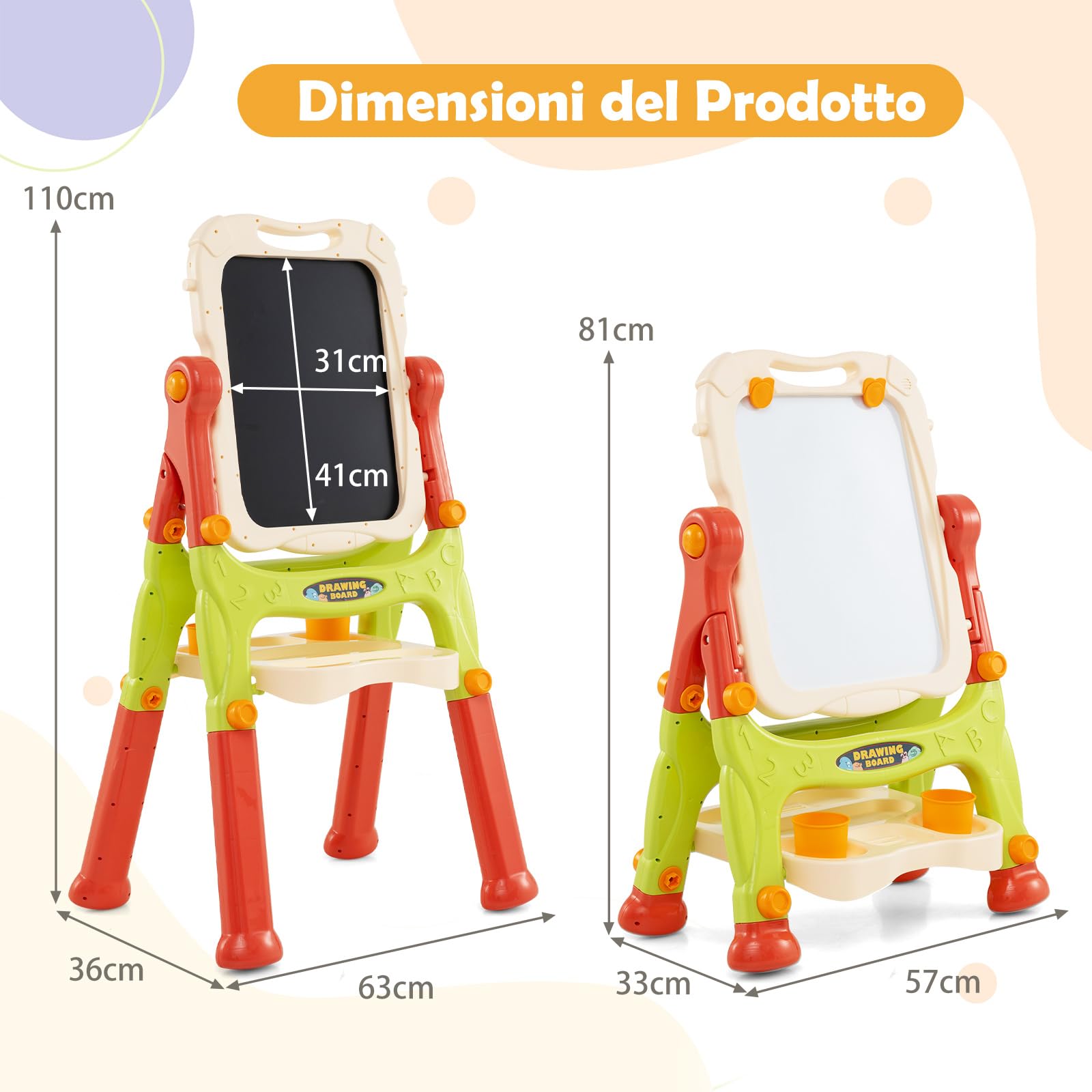 RELAX4LIFE Cavalletto con Tavola Rotante Doppia Faccia per Bambini, Cavalletto Artistico con 2 Altezze Regolabili e Tavola da Disegno Rimovibile, Regalo di Compleanno per Ragazzi e Ragazze (Arancione)