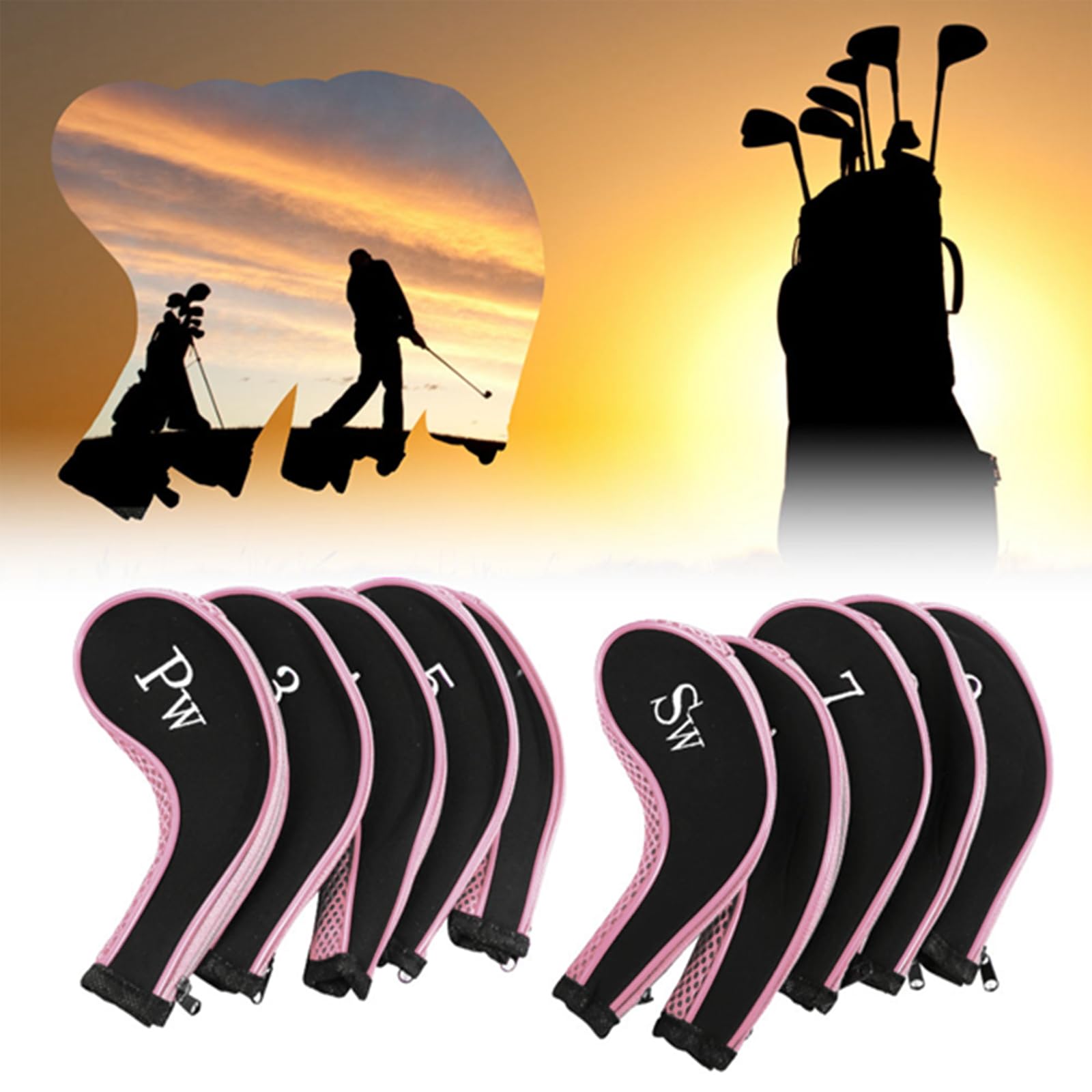 Copritesta in ferro da golf, 10 pezzi Copritesta per mazze da golf in neoprene impermeabile Set per putter Custodia protettiva, Accessori per mazze con Numero(Rosa)