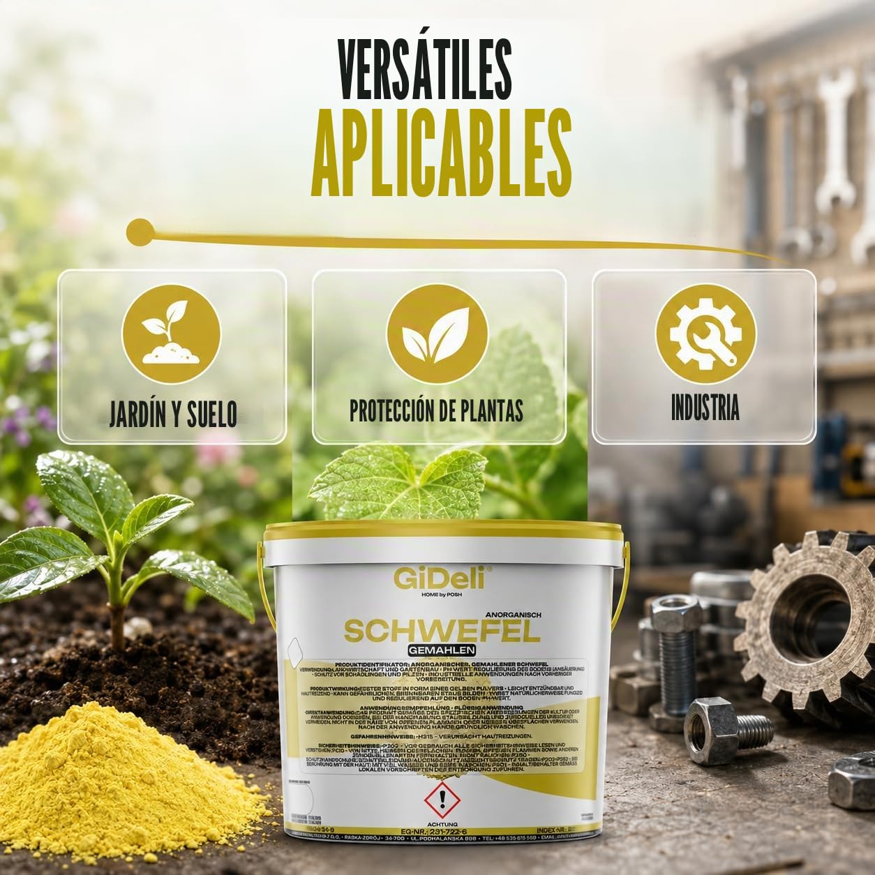 GiDeli Polvo de azufre 10 kg - Inorgánico 99,9 % fino - Para la industria cosmética - Mantenimiento del suelo - Azufre en un cubo