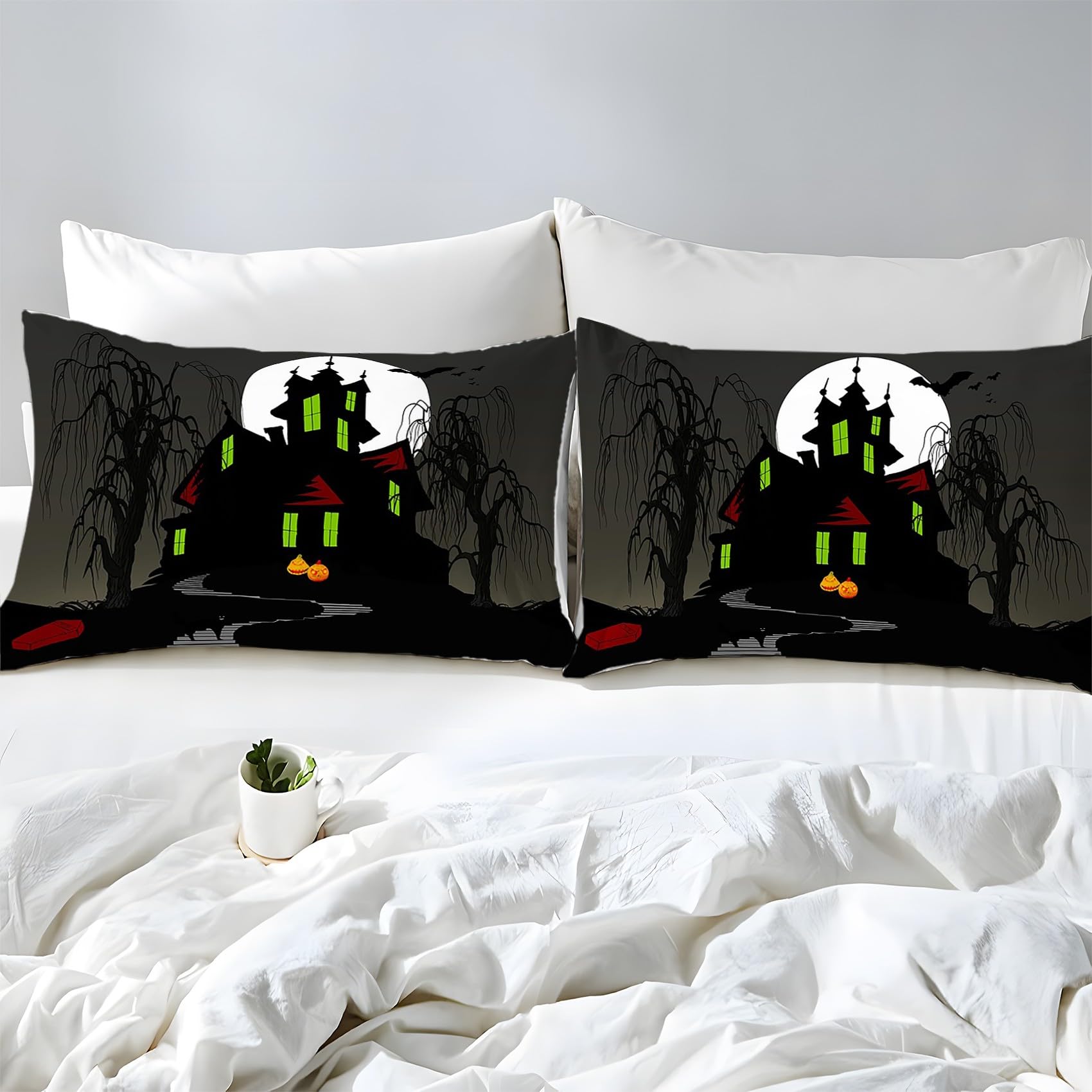 Generisch AK2368 Pościel na Halloween 155 x 220 cm, poszewka na kołdrę ze zwierzęciem, 3-częściowy zestaw pościeli z oddychającej i miękkiej mikrofibry, 2 poszewki na poduszkę z zamkiem błyskawicznym