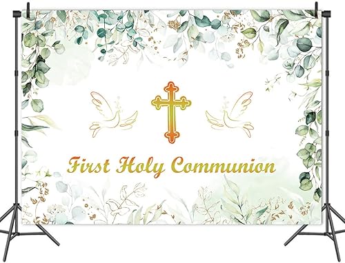 Miniatura 5 de Telón de fondo de 7 x 5 pies para la primera cruz comuniana que Dios bendiga para niños y niñas, decoración de fiesta de bautizo, hojas de eucalipto